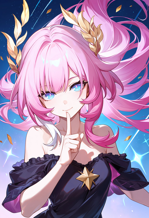honkai: star rail, honkai \(series\), cyrene \(honkai: star rail\), cyrene \(philia093\) \(honkai: star rail\), 1girl, alternate costume, bare shoulders, blue eyes, closed mouth, finger to mouth, index finger raised, laurel crown, long hair, looking at viewer, pink hair, pink pupils, shushing, solo, upper body, dynamic pose, dynamic composition, masterpiece, highres, absurdres, newest, best quality, score_7honkai: star rail, honkai \(series\), cyrene \(honkai: star rail\), cyrene \(philia093\) \(honkai: star rail\), 1girl, alternate costume, bare shoulders, blue eyes, closed mouth, finger to mouth, index finger raised, laurel crown, long hair, looking at viewer, pink hair, pink pupils, shushing, solo, upper body