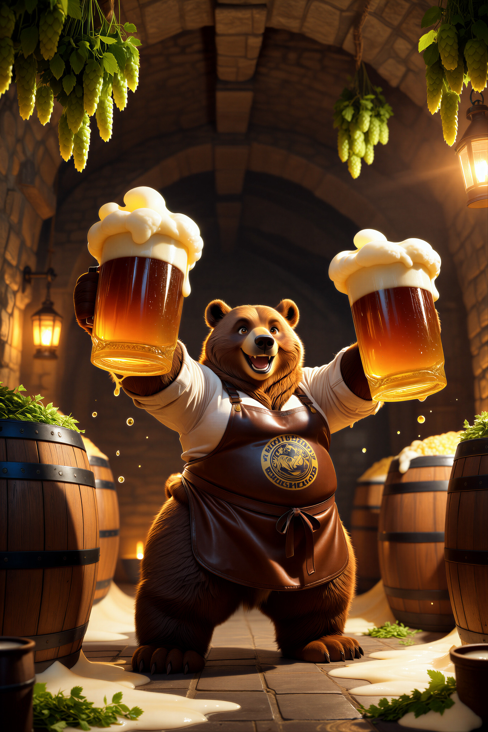 ,  masterpiece, best quality, highres, score_7, score_8, score_9, realistic, safe,
anthro, furry, woman, solo, original character,
(female bear anthro:1.3), bear ears, round bear build, warm brown fur, rosy cheeks through fur,
bright hazel eyes, cheerful sparkling gaze,
(worn leather brewery apron:1.2), rolled sleeve shirt, practical outfit,
(holding two enormous frothy ale tankards:1.3), overflowing tankards, ale foam,
broad happy smile, jovial expression, proud stance,
three-quarter body, wide shot,
medieval vaulted stone cellar, giant wooden barrels, hops hanging from ceiling, herbs,
(warm golden lantern light:1.3), cozy warm glow, deep cellar shadows,
rim light, subsurface scattering on fur,
detailed fur, detailed face, realistic textures, sharp focus,
depth of field, volumetric warm light, cozy golden medieval atmosphere.
A big-hearted female bear brewmaster beams with pride in her ancient stone cellar, hoisting two enormous overflowing tankards of golden ale surrounded by barrels and hanging hops.,
