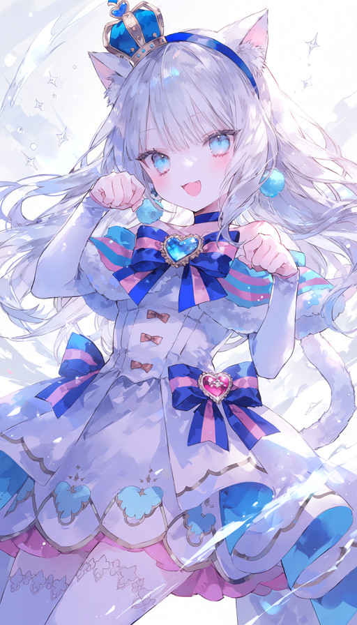 @4x0style, 1girl, solo, long hair, looking at viewer, smile, open mouth, blue eyes, bare shoulders, white hair, cowboy shot, cat ears, cat tail, cat girl, white dress, off-shoulder dress, short dress, detached sleeves, blue choker, choker, jewelry, earrings, pom pom earrings, brooch, heart brooch, bow, hair bow, blue bow, pink bow, multicolored bow, dress bow, hairband, blue hairband, crown, mini crown, tilted headwear, fang, paw pose, thighhighs, magical girl, three-quarter view, off-center right, highres,
<lora:onineko_v2.2_epoch40:1.0>