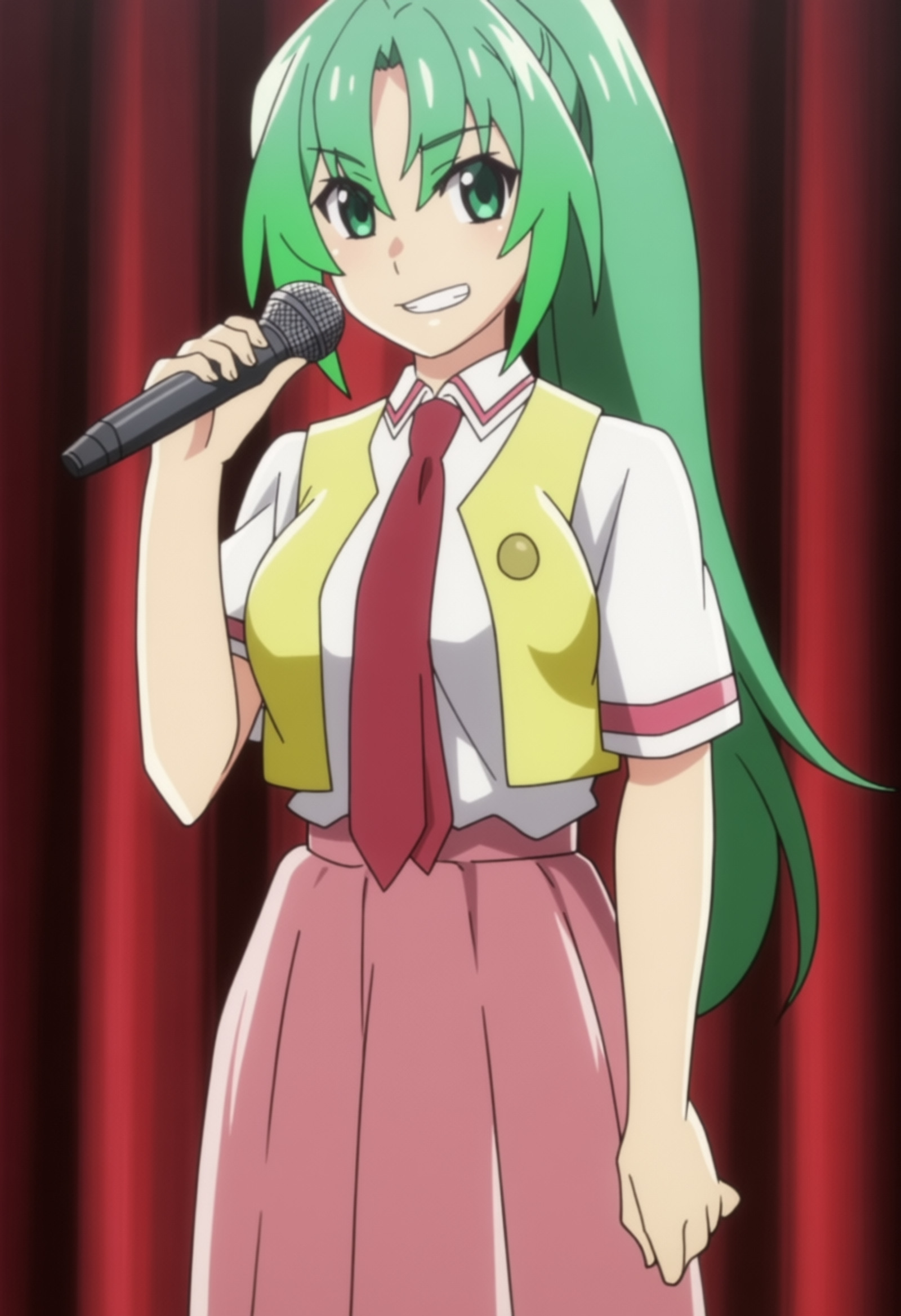 masterpiece, best quality, score_7, amazing quality,, cowboy shot, solo, looking at viewer, transparent background, simple background, white background, <lora:mion-sonozaki-s4-anima-lora-nochekaiser:1>, mion sonozaki, sonozaki mion, long hair, green eyes, ponytail, green hair, mature female, large breasts, anime screencap, skirt, shirt, white shirt, short sleeves, necktie, vest, red necktie, pink skirt, high-waist skirt, long skirt, open vest, yellow vest,, cheek-to-cheek, stage, curtains, spotlight, microphone,