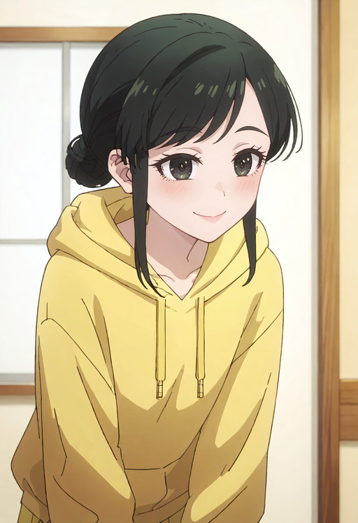    score_9, score_8_up, score_7_up, source_anime, anime_screencap, detailed_face, Loving, gentle smile, eyes softened with tenderness, RWLSonoko, black_hair, sidelocks, hair_bun, short_hair, black_eyes, single_hair_bun, swept_bangs,  solo, golden hoodie, sweatpants,  standing, leaning forward, front view, cowboy shot, <segment:girl's face,0.55,0.2//cid=11> absurdres, masterpiece, detailed face, perfect face, correct face, perfect anatomy, accurate, sharp lines, beautiful, extremely detailed, source_anime, anime screencap, Loving, gentle smile, eyes softened with tenderness, RWLSonoko, black_hair, sidelocks, hair_bun, short_hair, black_eyes, single_hair_bun, swept_bangs, 