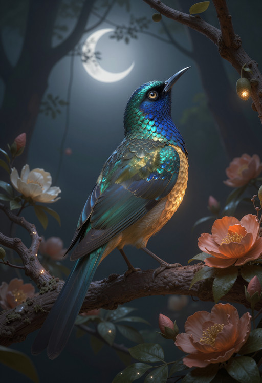 A luminous jewel-toned songbird perches on a curved forest branch in an elegant three-quarter body pose, its head turned upward toward a crescent moon, layered iridescent feathers. The bird has a long slender beak, a bright reflective eye, and richly detailed plumage in deep sapphire, teal, turquoise, moss green, pale gold, and soft amber, with each feather rendered like polished enamel and delicate painted scales. It is surrounded by a dense enchanted woodland filled with winding branches, moonlit leaves, glowing seed pods, and large expressive flowers in warm orange, muted coral, ivory, and dusky rose. The scene takes place at night in a quiet mystical forest, with a calm magical atmosphere and an intimate sense of stillness. The composition is vertical and immersive, with the bird placed slightly off-center and framed by organic branches and blossoms that create a natural ornamental border, while the lifted wing and upward gaze give the silhouette graceful motion and a clear visual rhythm. A close medium view with gentle depth keeps the bird crisp and prominent while the deeper forest recedes into layered atmospheric detail. Soft moonlight filters from above and behind, creating a cool silver-blue rim along the beak, crown, and feathers, while a warm inner glow seems to bloom across the golden chest and the nearby flowers, giving the image a rich emotional contrast. Subtle highlights shimmer across the feather textures, petals, and leaves, and the shadows remain deep, velvety, and luminous. The style is semi-real illustrative fantasy with refined painterly texture, elegant line clarity, rich tonal depth, cinematic lighting, and a mature decorative finish, with a palette built around teal, cobalt, jade, antique gold, moonlit cyan, warm amber, and floral orange. <lora:zit_ta86_paintitv2:0.2> <lora:ZIT_3xperiment0:0.2>