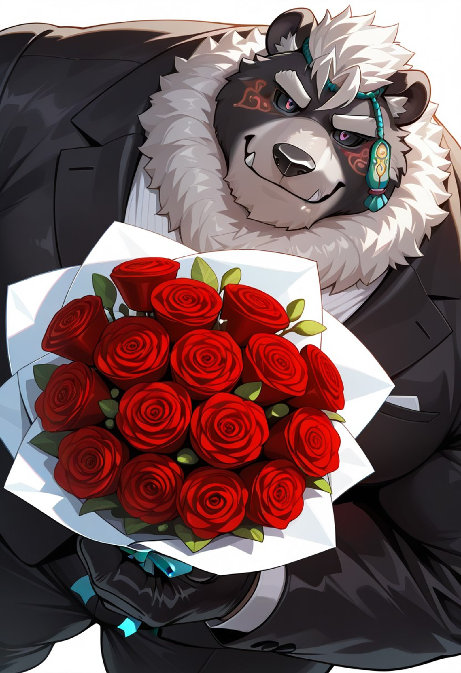 Masterpiece,best quality, amazing quality,very aesthetic,Wen Kamui,Black Sclera,arms,thick arms,solo,Big legs,looking at the viewer,detailed face,Perfect face,((detailed eyes)),Perfect anatomy,Detailed scleral eyes,perfect eyes,Close-up angle,headshot,White background, sunny day,Black suit, black trousers, holding a bouquet of red flowers with chocolates, detailed bouquet of flowers, detailed chocolates