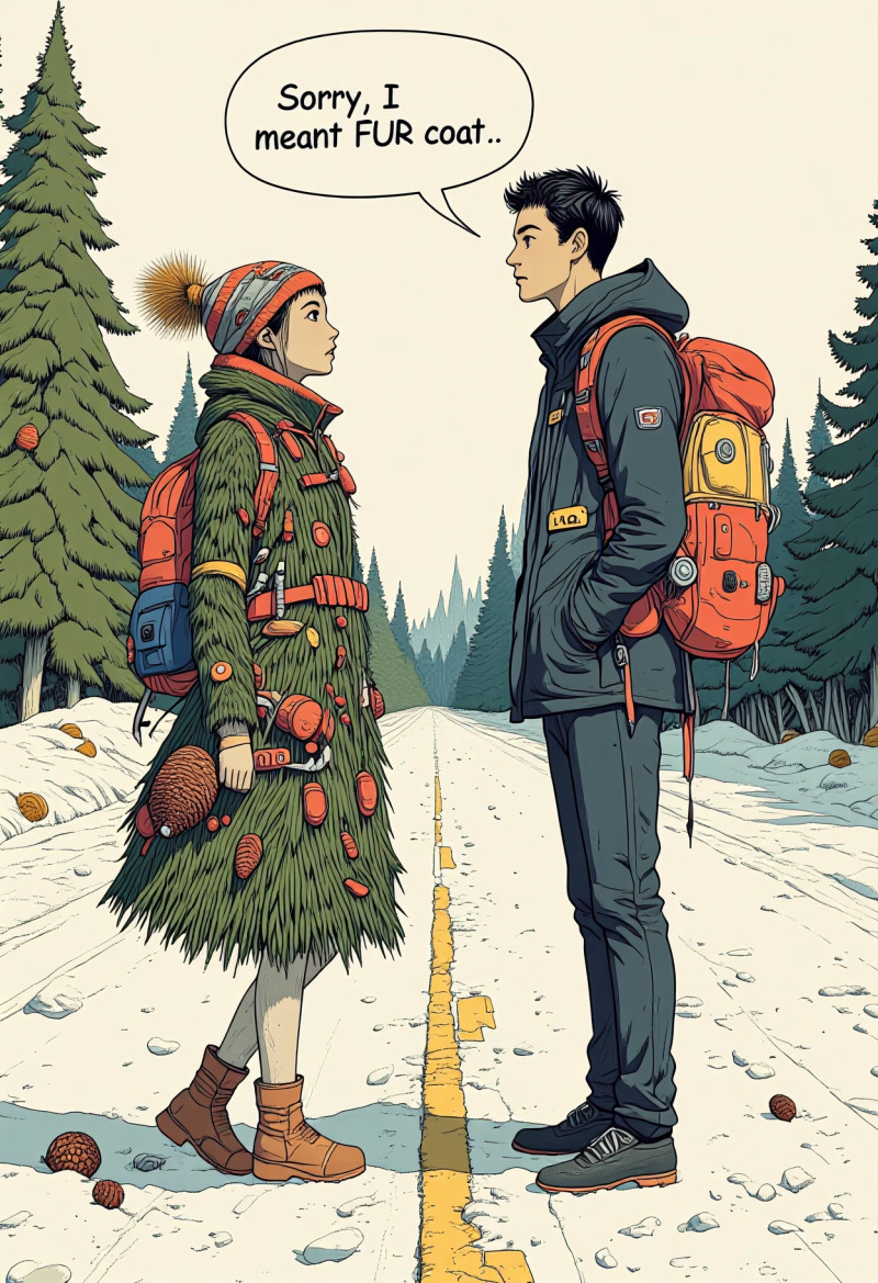 An American comics style illustration. A young man and a young woman are standing on a roadside and talking. T