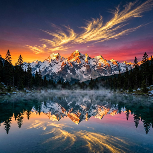 A spectacular sunset illuminating a majestic mountain range with sharp, snow-capped peaks glowing in intense warm alpenglow. The sky transitions smoothly from a deep indigo zenith to a fiery orange and rich magenta horizon. A pristine alpine lake sits in the quiet foreground, acting as a flawless glass mirror to the dramatic sky and towering dark pine trees. Delicate wispy cirrus clouds catch the very last rays of sunlight, turning into brilliant streaks of spun gold. The air feels crisp and cold, with a subtle mist rolling off the calm water surface. High altitude atmosphere, ultra-realistic, dramatic lighting, majestic wilderness, stunning reflections, intricate detail, breathtaking masterpiece.