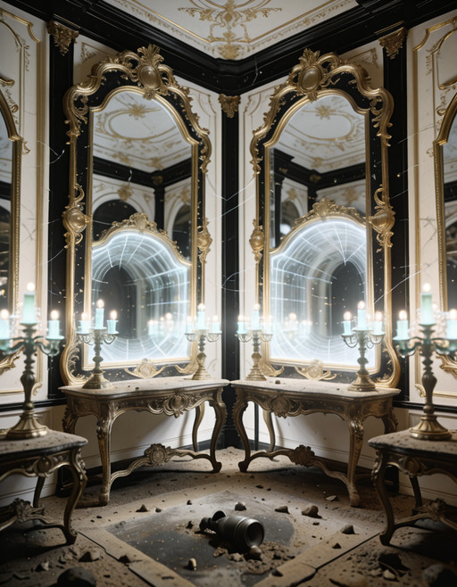 ultra-detailed rococo sanctuary, post-human future,human remnants, oversized gilded frames encasing holographic voids, 
fractal moldings in black gold and translucent ivory, 
mirrors reflecting adjacent dimensions, 
bioluminescent candelabras, warped proportions, uncanny symmetry, 
dust of centuries on baroque furniture, floating data streams 
woven into ornamental plasterwork, eerie reverence atmosphere, 
cinematic lighting, depth of field
ultra-detailed rococo s4nctu4ry  <lora:training_1715964-20260301163514302:1>, Masterpiece,best quality,hi res,8k,(sharp focus, intricate, highly detailed),