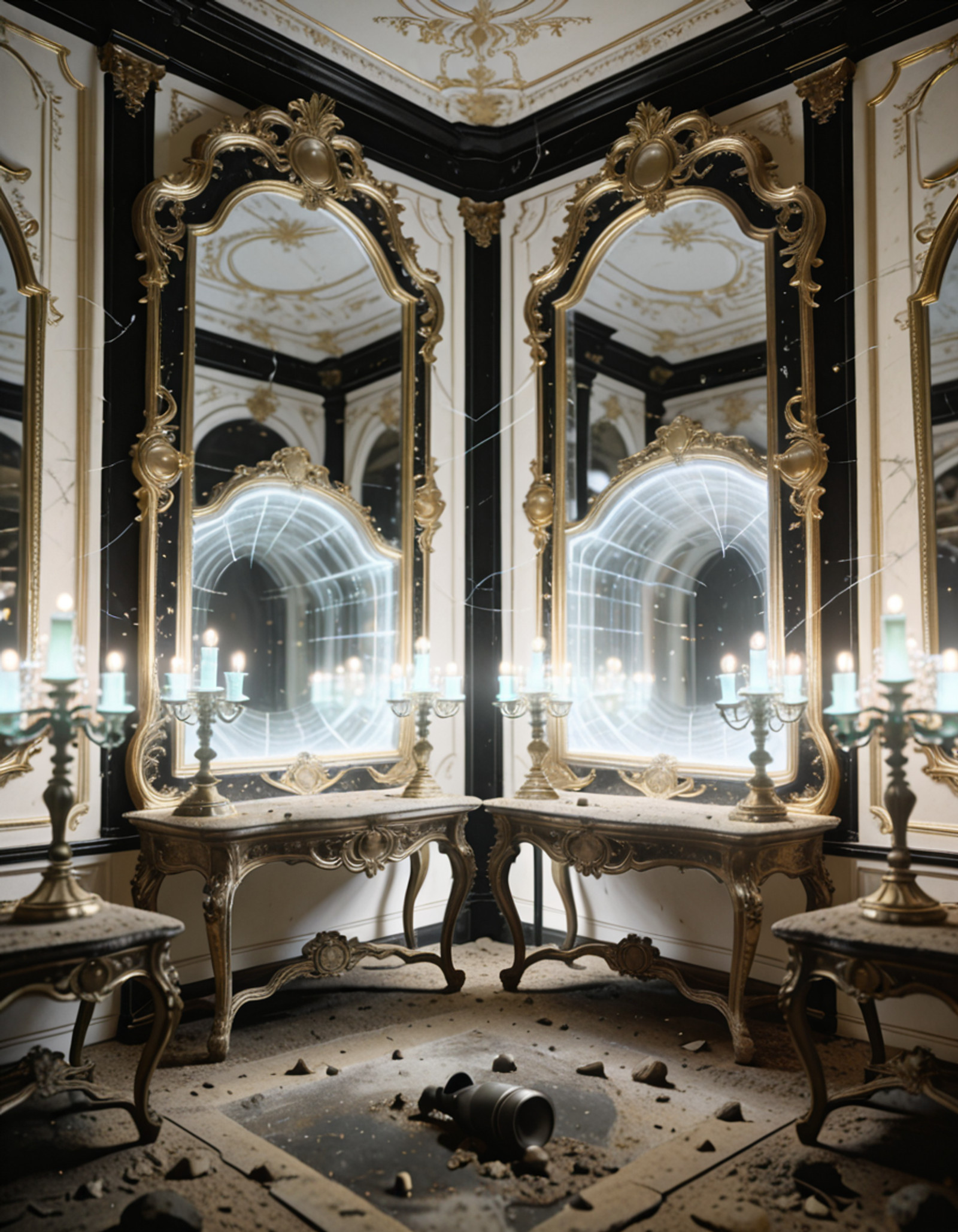 ultra-detailed rococo sanctuary, post-human future,human remnants, oversized gilded frames encasing holographic voids, 
fractal moldings in black gold and translucent ivory, 
mirrors reflecting adjacent dimensions, 
bioluminescent candelabras, warped proportions, uncanny symmetry, 
dust of centuries on baroque furniture, floating data streams 
woven into ornamental plasterwork, eerie reverence atmosphere, 
cinematic lighting, depth of field
ultra-detailed rococo s4nctu4ry  <lora:training_1715964-20260301163514302:1>, Masterpiece,best quality,hi res,8k,(sharp focus, intricate, highly detailed),