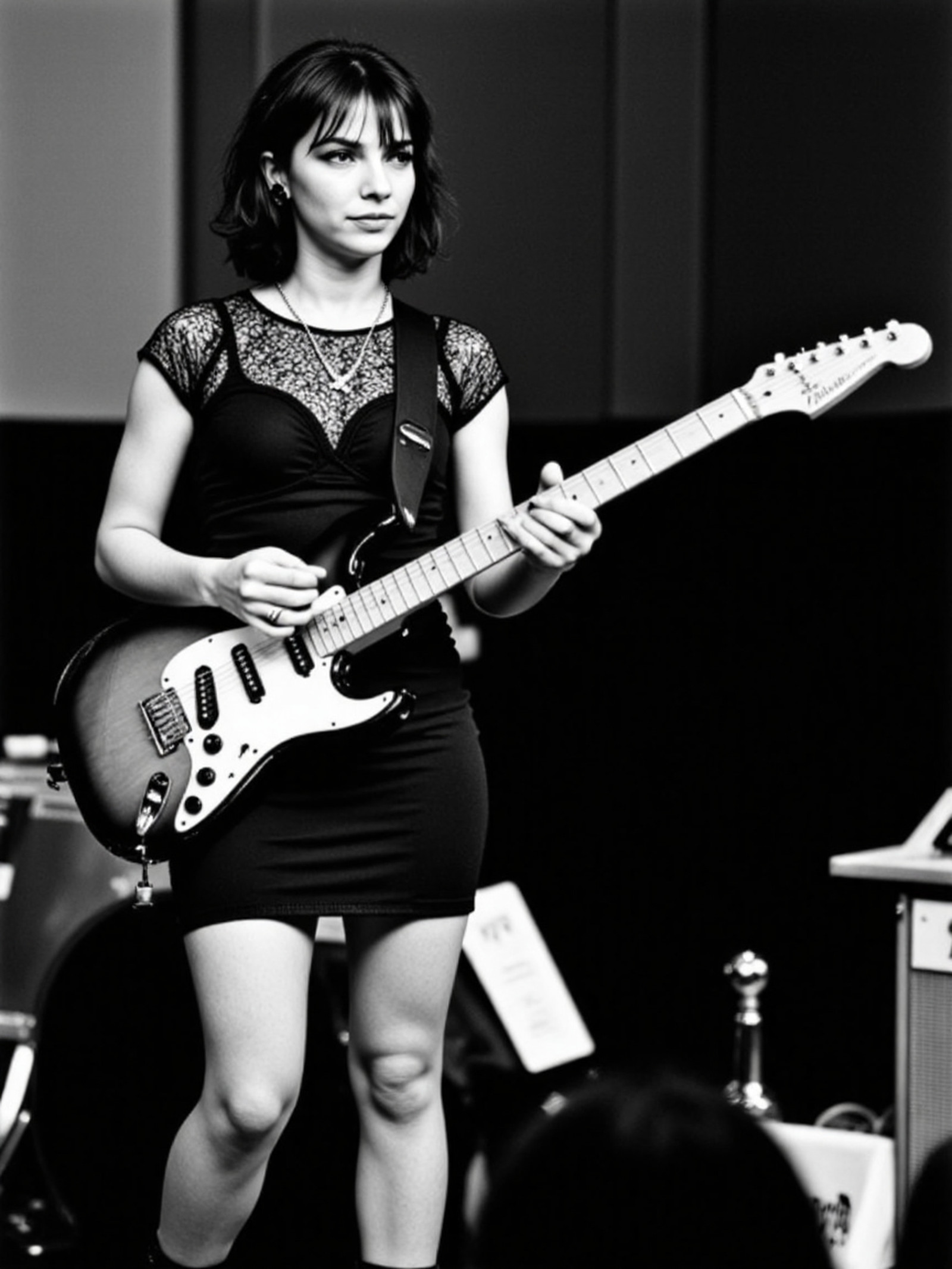 (hdr masterpiece, hyper realistic, ultra realistic, realism, lifelike, award winning photography) 
Candid style 1980s black and white candid photograph, captured in the photojournalistic styles of Steve Schapiro and corbjix Anton Corbijn
d1m1f0xx
A 24 year old woman with dark eyes and shoulder-length feathered dark hair stands on stage completing the sound check on her black and white Rickenbacker 350 SH guitar.  She has a wiry athletic build.
The woman wears a stylish knee-length black dress with lace sleeves, accessorized with short black motorcycle boots.  She looks in a direction away from the camera as she strums a chord on her guitar to check the venue sound.  Her expression is thoughtful; she is formulating a complex plan.
The background of the image is a stage in a cozy music venue circa 1984.
The woman's other female bandmates may be caught around the edges of the image but they are obscured in bokeh.