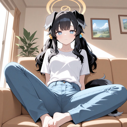(masterpiece, best quality:1.2), (vibrant colors:1.1),(flat color:1.1), 
scenery, indoors, sitting on sofa, wearing blue jeans, simple white t-shirt, relaxed posture, barefoot, cozy living room, warm lighting, everyday life, depth of field,
nzh, 1girl, solo, under-eye bags, long hair, bangs, black hair, hair ornament, twintails,dog tail, 
<lora:Hibiki_v1-000008:0.8>