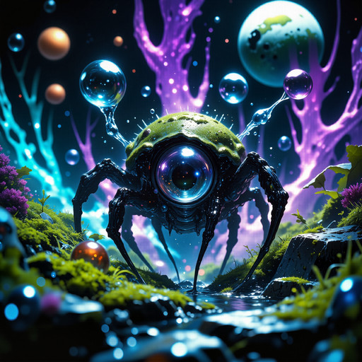mystical and uncanny scenery on a distant world, award-winning macro photo, short depth of field, hyper realistic, ultra high definition, dim lighting, at night,  bioluminescence, subsurface scattering, the compact "many-eyed kardkirg" is a spherical, wobble-pronged lifeform no larger than a vogons skrunkleboop, thriving amidst the bubble-stalked hydroplume fields of planet "snorelab vii." covered in tiny, flexiloid cilia that shimmer with iridescence, the creature gently lofflewambles along the nutrient-rich vaporglades. it sustains itself by absorbing microdroplets released from the hydroplumes, creating an almost elminstered gnipfyturl as it feeds. the gardens are a surreal expanse of undulating, semi-transparent bubble-stalks that pulse with bursts of vapor, giving the entire environment a dreamlike, sproozifying ambiance, creature focus, very aesthetic, extremely detailed, ultra high resolution, 8k, 4k, harmonising colors, ivory and dresden blue and dark amethyst purple and fuchsia and teal and jet black, ovg, in the style of ck-ovf, amanoer, arsmjstyle, dnddarkestfantasy, aidmamj6.1, <lora:style-oneviolentfantasy-ep21-flux-by_chronoknight:0.52> <lora:style-yoshitaka_amano-elden_ring-flux-by_alicient:0.48> <lora:style-dnd_dark_fantasy-flux-by_arsmachina:0.64> <lora:midjourney_61-v0.5-flux-by_aidma:0.68> <lora:faetastic_details-flux-by_faeia:0.56>