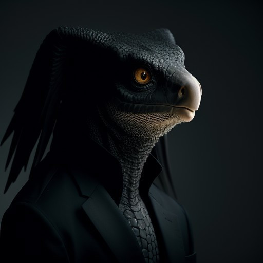 A cinematic scene is a 3D rendering of a humanoid creature with a large, articulated head and a long, pointed beak. The creature's head is covered in a textured, greyish-brown skin with cracks and cracks, giving it a wrinkled appearance. The eye of the creature is large and round, with a black pupil in the center. The beak is long and curved, with sharp edges and a pointed tip. It has a black beak protruding from the top of its head. On its right side of the head, there are long, thin, spiky spikes that are blue and black in color, extending upwards and downwards towards the right side. with a cinematic backdrop of, there is a smaller, dark, textured surface that appears to be a darker shade of grey or black, creating a contrast with the lighter tones of the reptile's skin and the darkerness of the background. The figure is wearing a dark suit jacket with a white shirt underneath, and a pattern of thin, vertical lines appears vividly on the suit jacket. The overall tone of A cinematic scene is eerie and mysterious, conveying a sense of mystery and intrigue. High fidelity, realistic texture, ultra detail, cinematic tone mapping.