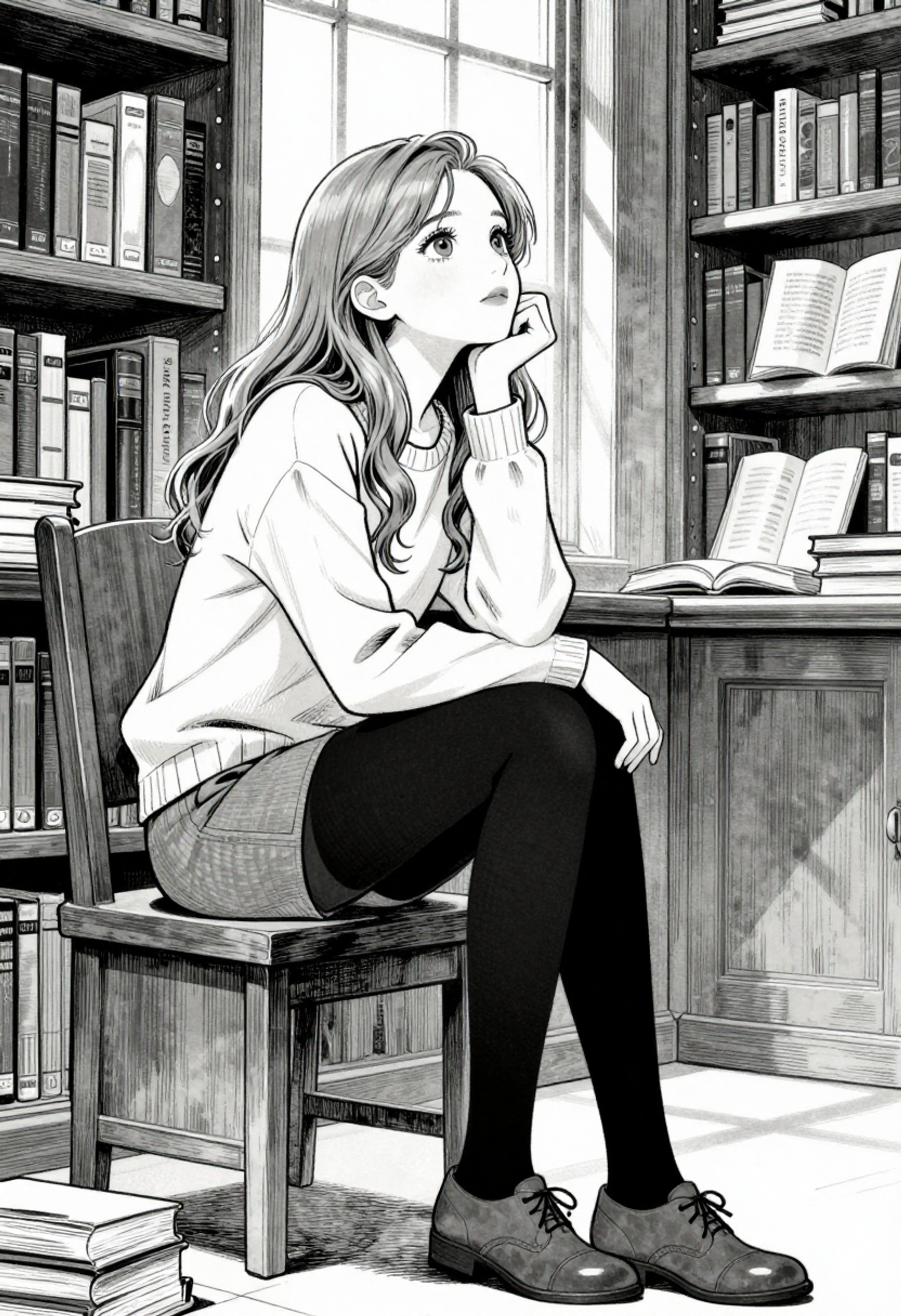 Black-and-white manga illustration. On the left is Elin Falk, a tall, slender woman with a serene, contemplative expression. Her long golden-brown hair falls softly around her shoulders with natural gentle waves. She rests her chin lightly on her left hand, elbow propped on a tall wooden library table, gazing upward in quiet thought. She wears a cozy cream-colored sweater, light neutral-toned shorts, black tights, and brown Oxford shoes. The background features towering bookshelves, scattered open books, and warm sunbeams filtering through tall windows, rendered in heavy ink linework, high-contrast hatching for shadows, and grainy screentone texture. The mood is introspective and calm, capturing a private moment of curiosity and reflection, with a subtle cinematic nostalgia emphasized by the interplay of white highlights and deep black shadows.