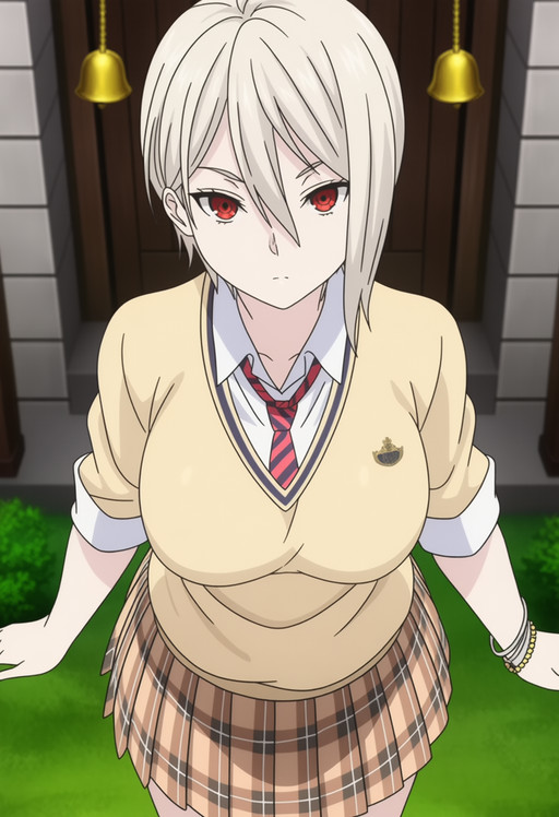 masterpiece, best quality, score_7, amazing quality,, cowboy shot, solo, looking at viewer, , <lora:alice-nakiri-s1-anima-lora-nochekaiser:1>, alice nakiri, nakiri alice, short hair, red eyes, white hair, hair between eyes, mature female, large breasts, anime screencap, skirt, shirt, jewelry, pleated skirt, necktie, striped, bracelet, sweater, plaid, plaid skirt, striped necktie, white shirt, collared shirt, light brown sweater,, from above,, bell tower, bells, church,