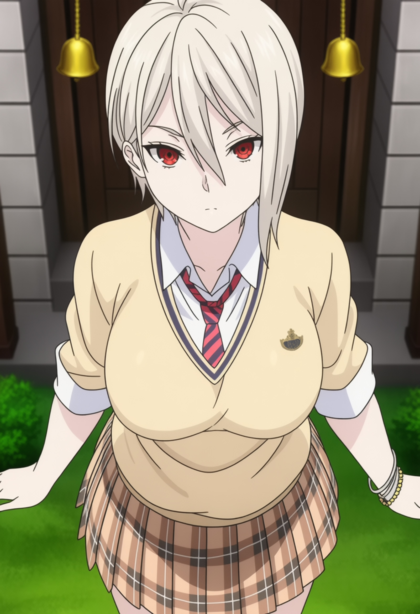 masterpiece, best quality, score_7, amazing quality,, cowboy shot, solo, looking at viewer, , <lora:alice-nakiri-s1-anima-lora-nochekaiser:1>, alice nakiri, nakiri alice, short hair, red eyes, white hair, hair between eyes, mature female, large breasts, anime screencap, skirt, shirt, jewelry, pleated skirt, necktie, striped, bracelet, sweater, plaid, plaid skirt, striped necktie, white shirt, collared shirt, light brown sweater,, from above,, bell tower, bells, church,