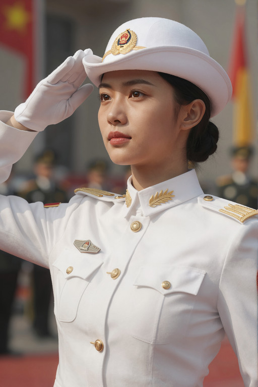 Ultraârealistic portrait of a 21âyearâold Chinese woman, visible from the chest up, marching in a national parade while wearing the formal white ceremonial uniform. She wears a pristine white jacket with gold buttons, white gloves, and a white peaked cap with a gold emblem. Her posture is impeccable, expression calm and authoritative, arm raised in precise parade motion.
Her face is elegant and recognizable.
Facial details:
â Eyes: almond-shaped, slightly elongated, warm dark-brown irises with golden flecks, composed and focused gaze.
â Eyebrows: straight, slightly thick, giving a serene authority.
â Nose: straight and refined.
â Cheekbones: high and softly defined.
â Jawline: smooth and rounded.
â Chin: small and gently pointed.
â Mouth: full natural lips with a neutral ceremonial expression.
â Skin: warm beige tone, natural matte finish.
â Hair: straight black hair tied into a neat low bun.
Lighting is bright and ceremonial. Background shows ceremonial guards, red carpets, national banners, and a grand architectural setting. Aesthetic: hyperârealistic 8K, ceremonial elegance, national pride, crisp white uniform.
85mm f/11 clarity photorealistic quality, professional cinematography, directional lighting with sharp dramatic shadows