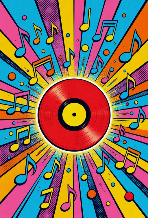 , pop art bold halftones, Huge glowing red vinyl record exploding into rainbow-colored musical notes and sound waves, pure pop art composition, Roy Lichtenstein meets Peter Max, intense psychedelic orange-pink-cyan palette, thick black contour lines, dramatic Ben-Day dot shading, retro-futuristic 60s vibe