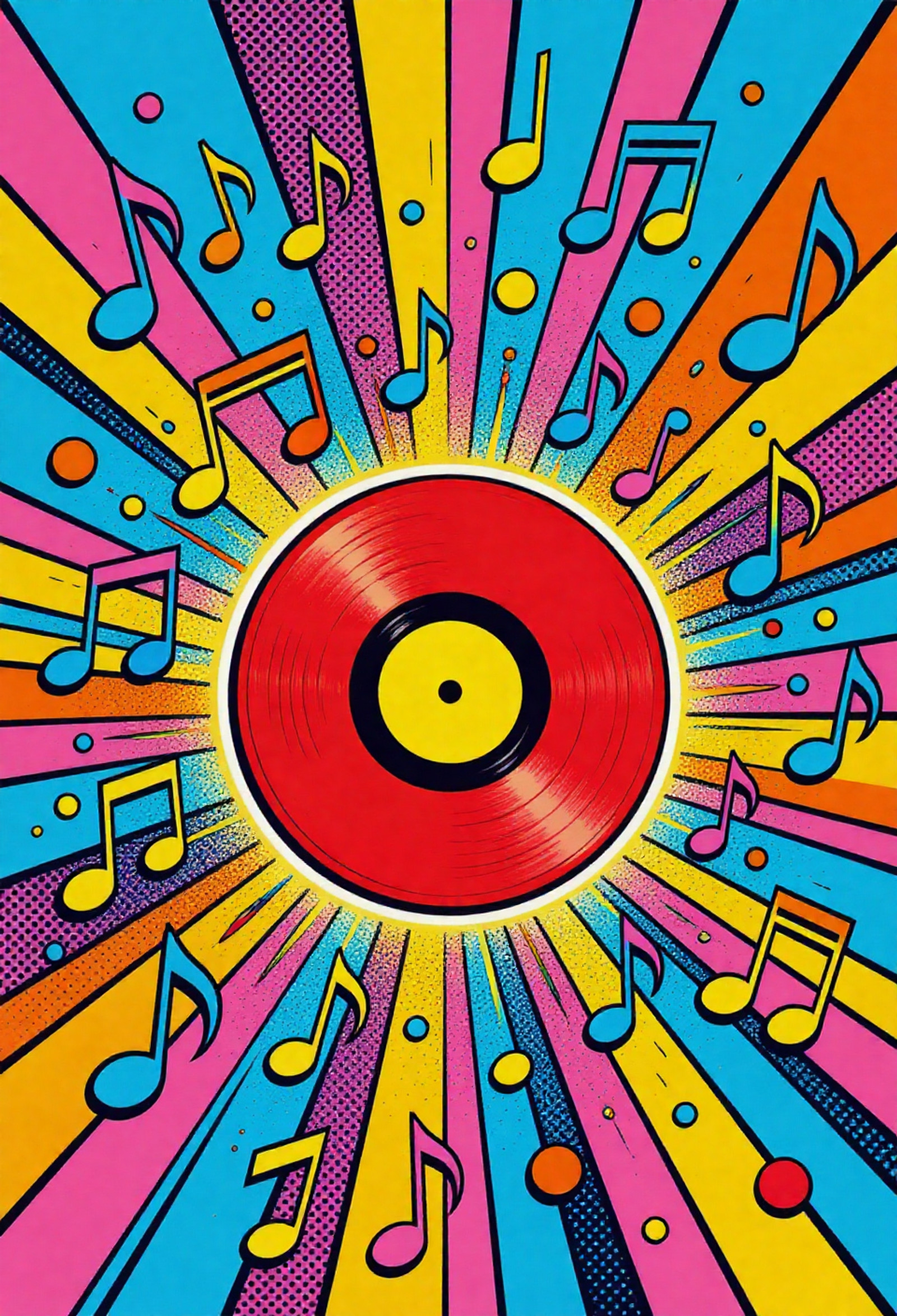 , pop art bold halftones, Huge glowing red vinyl record exploding into rainbow-colored musical notes and sound waves, pure pop art composition, Roy Lichtenstein meets Peter Max, intense psychedelic orange-pink-cyan palette, thick black contour lines, dramatic Ben-Day dot shading, retro-futuristic 60s vibe