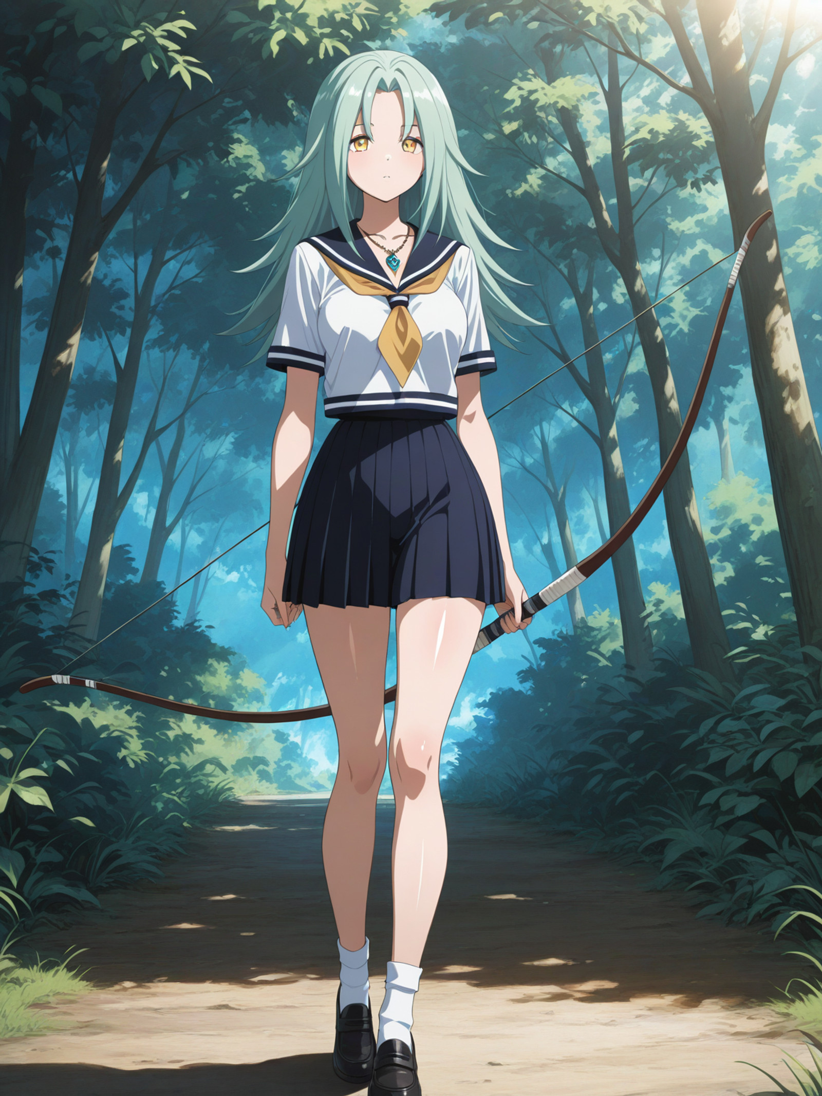 unholy-aesthetic, masterpiece,best quality,amazing quality,very aesthetic,absurdres,ultra detailed face,ultra detailed eyes, 1girl, solo, contrast lighting, shiny skin, glossy skin,
ToneUniform, yellow eyes, green hair, long hair,
seifuku, necklace, socks, shoes,
standing, bow \(weapon\)