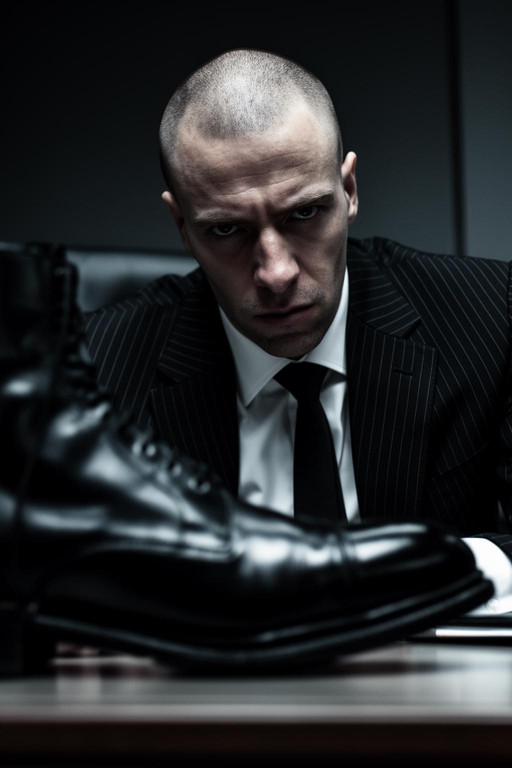 Low-angle, close-up shot from a side angle of a man with a shaved head and a serious, intense expression looking directly down at the camera lens. He wears a black pinstripe suit jacket over a white dress shirt and a black necktie. He is in a seated pose, with a large, polished black lace-up boot on a desk, dominating the extreme foreground, creating a forced perspective. The lighting is dramatic low-key, casting deep shadows and emphasizing the sharp bone structure of his face and the glossy finish of the boot. The color palette is cool and desaturated, primarily composed of deep blacks and moody greys. The background is dark and indistinct, enhancing the cinematic and authoritative mood of the portrait. Formal materials like pinstriped wool and polished leather are clearly visible under the focused light.<lora:TA-2026-04-10-13-05-35-Low-angle,-420:0>