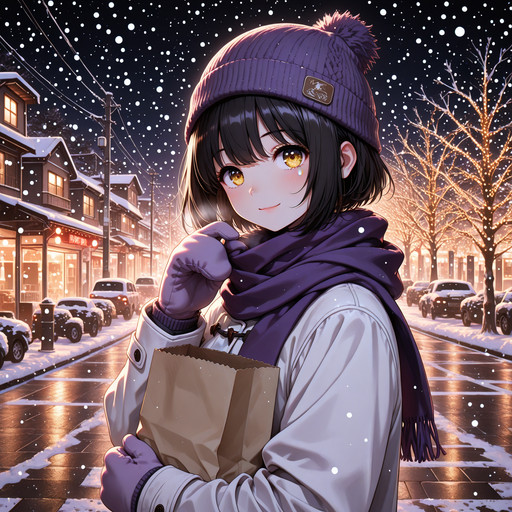 masterpiece, newest, absurdres, best quality, amazing quality, very aesthetic, ultra-detailed, highly detailed <break> street, night, snowing, 1girl, solo, takafuji kako, medium breasts, yellow eyes, coat, purple scarf, beanie, mittens, standing, holding bag, paper bag, happy, light smile, looking at viewer, upper body, from side