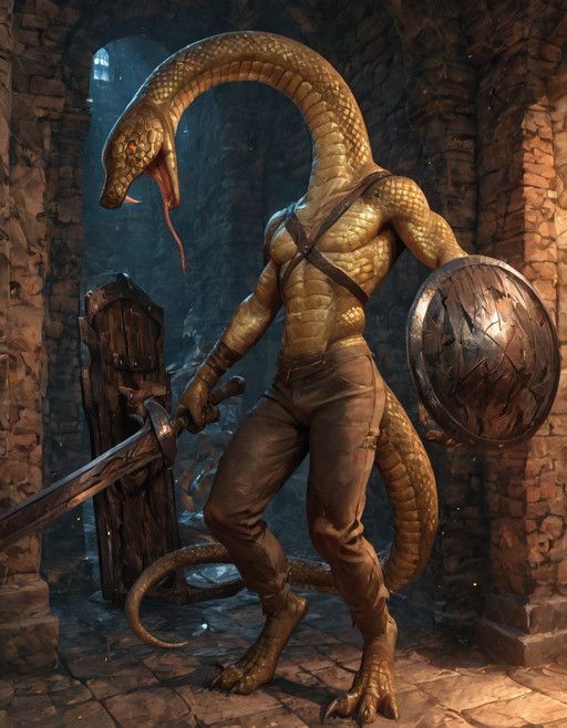 masterpiece, fine details, breathtaking artwork, high quality, 8k, very detailed, high resolution, exquisite composition and lighting, masterpiece, best quality, high resolution, <lora:SerpentMan_IL:1>, serpent man, anthro, monster, snake, long neck, full body, male, pants, sword, shield, fang, claws,