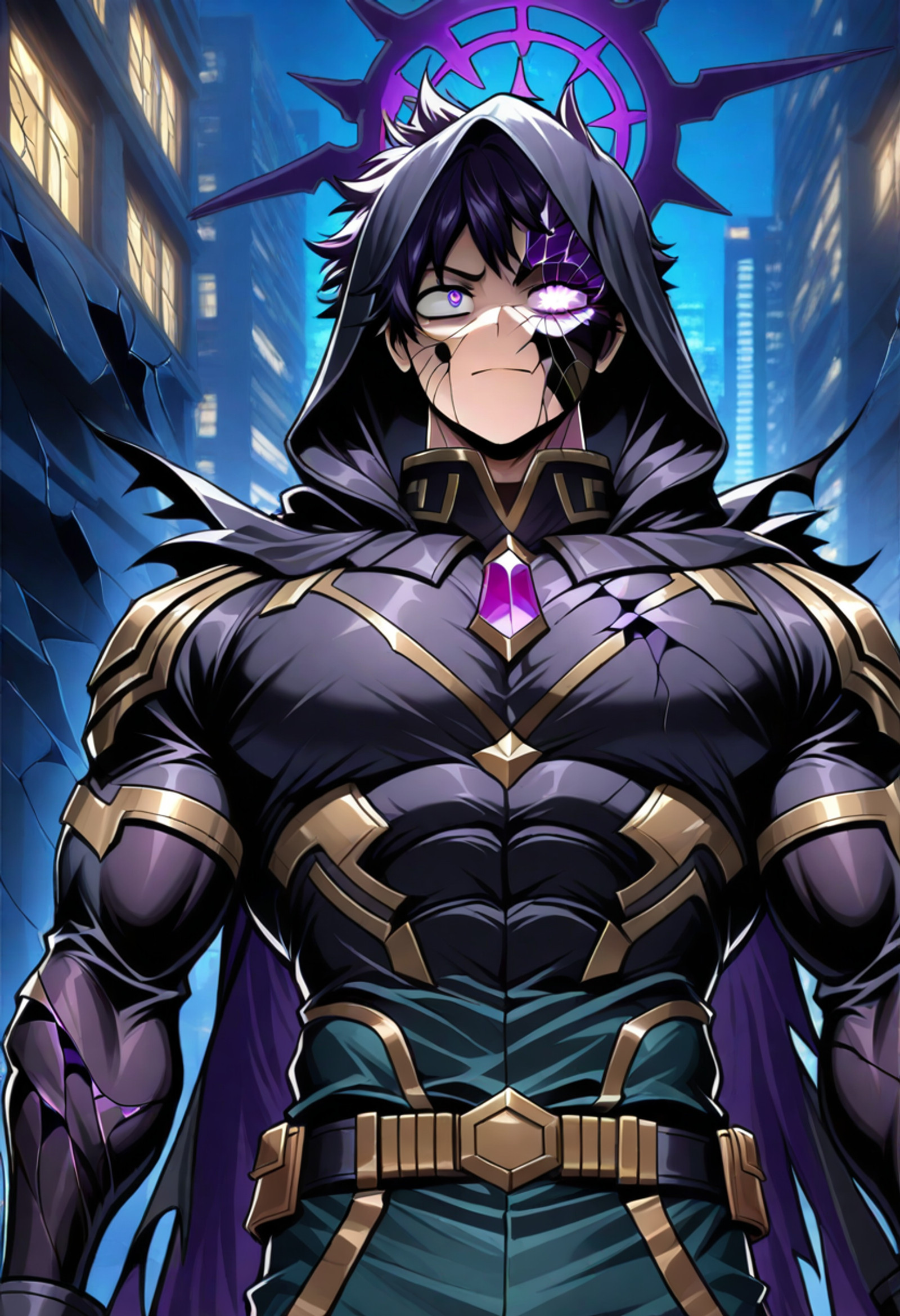 score_9, score_8_up, score_7_up, ((night)), solo, 1boy, kurenaiz, ((city)), 
BREAK
deku, darkpurple eyes, darkpurple hair, darkpurple halo, black armor, (((black cloak))), (((hood up))), (((hooded figure))), big chest jewel, purple jewel, glowing eyes, muscular male, extremely buff, (((fully clothed:1.9))), neutral look, (((cracked skin:1.9))), right cheek cracked, (((glowing cracks:1.6))), (((extreme face cracks:1.6))), ((face cracks:1.6))), closed mouth,