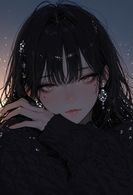masterpiece, best quality, ultra-detailed, 8k resolution, ma1ma1helmes_b_illu,sketch, XUER guangying, high dynamic range, absurdres, stunningly beautiful, intricate details, sharp focus, surreal profile, cinematic color grading, high-resolution texture, realistic, adult woman, solo, newest, 32k skin texture, beautiful skin, looking at the viewer, 1girl, solo, close-up,
long black hair, slightly messy hair,
soft brown eyes, half-lidded eyes,
glossy lips, small beauty mark under eye,
flushed cheeks, dewy skin,
Black thick knit, 
delicate ribbon details,
pearl earrings,
floral hair accessory,
resting head on folded arms,
intimate pose, gentle gaze,
warm low light,
soft shadows,
romantic atmosphere,
masterpiece, best quality