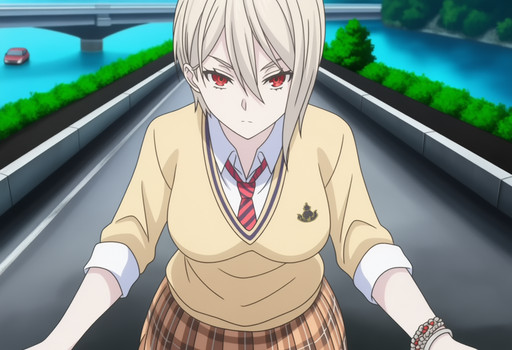 masterpiece, best quality, score_7, amazing quality,, cowboy shot, solo, looking at viewer, , <lora:alice-nakiri-s1-anima-lora-nochekaiser:1>, alice nakiri, nakiri alice, short hair, red eyes, white hair, hair between eyes, mature female, large breasts, anime screencap, skirt, shirt, jewelry, pleated skirt, necktie, striped, bracelet, sweater, plaid, plaid skirt, striped necktie, white shirt, collared shirt, light brown sweater,, holding hands, bridge, connection, water, road, cars,