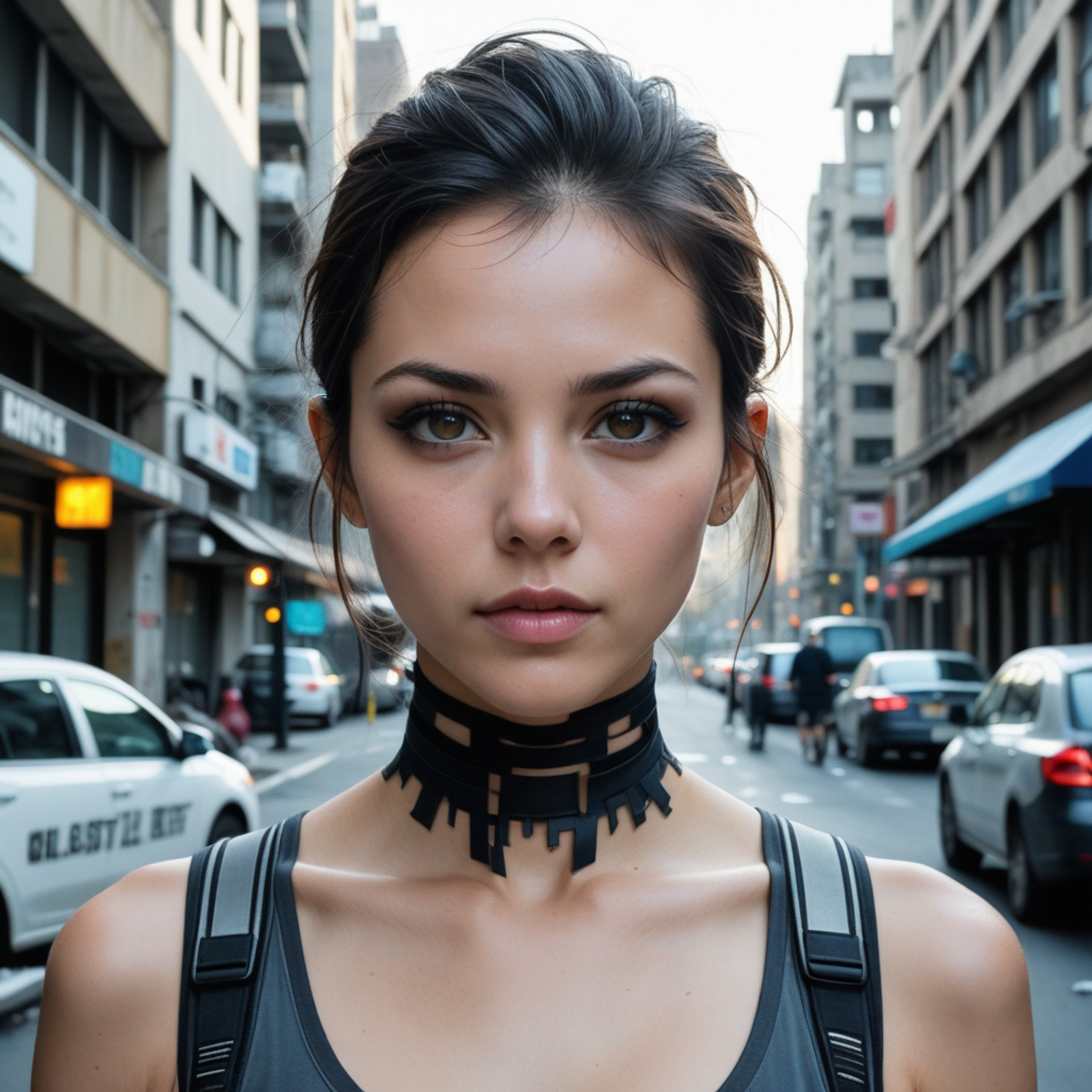 masterpiece, best quality, highly detailed, intricate, photorealistic, sharp focus, 8k,
Closeup of a Post-apocalyptic survivor with rugged attire, tech-infused makeup, in a desolate urban landscape.