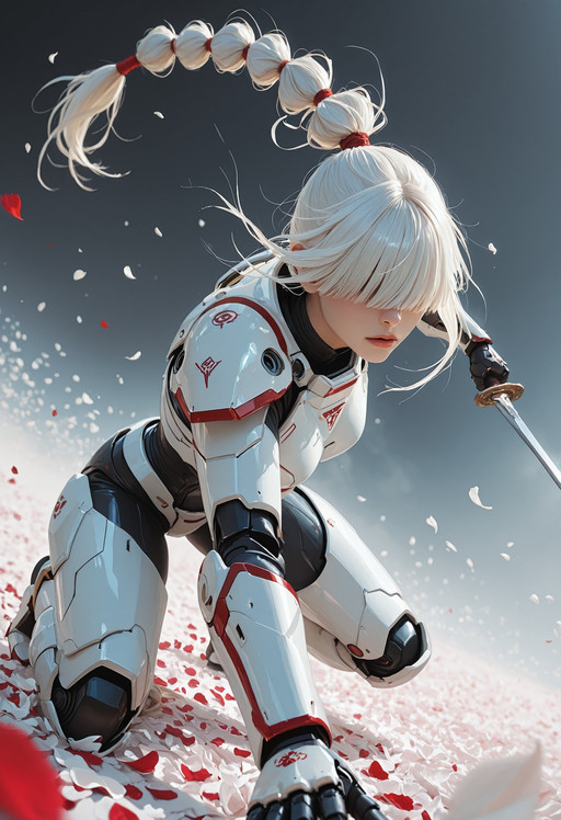 1girl, holding a sword, action pose,
hair over eyes, long bangs, multi-tied ponytail, dyed strand, covered eyes, floating hair,
mecha armor, red petals, white petals, god ray, foreshortening, blurred foreground.
masterpiece, best quality