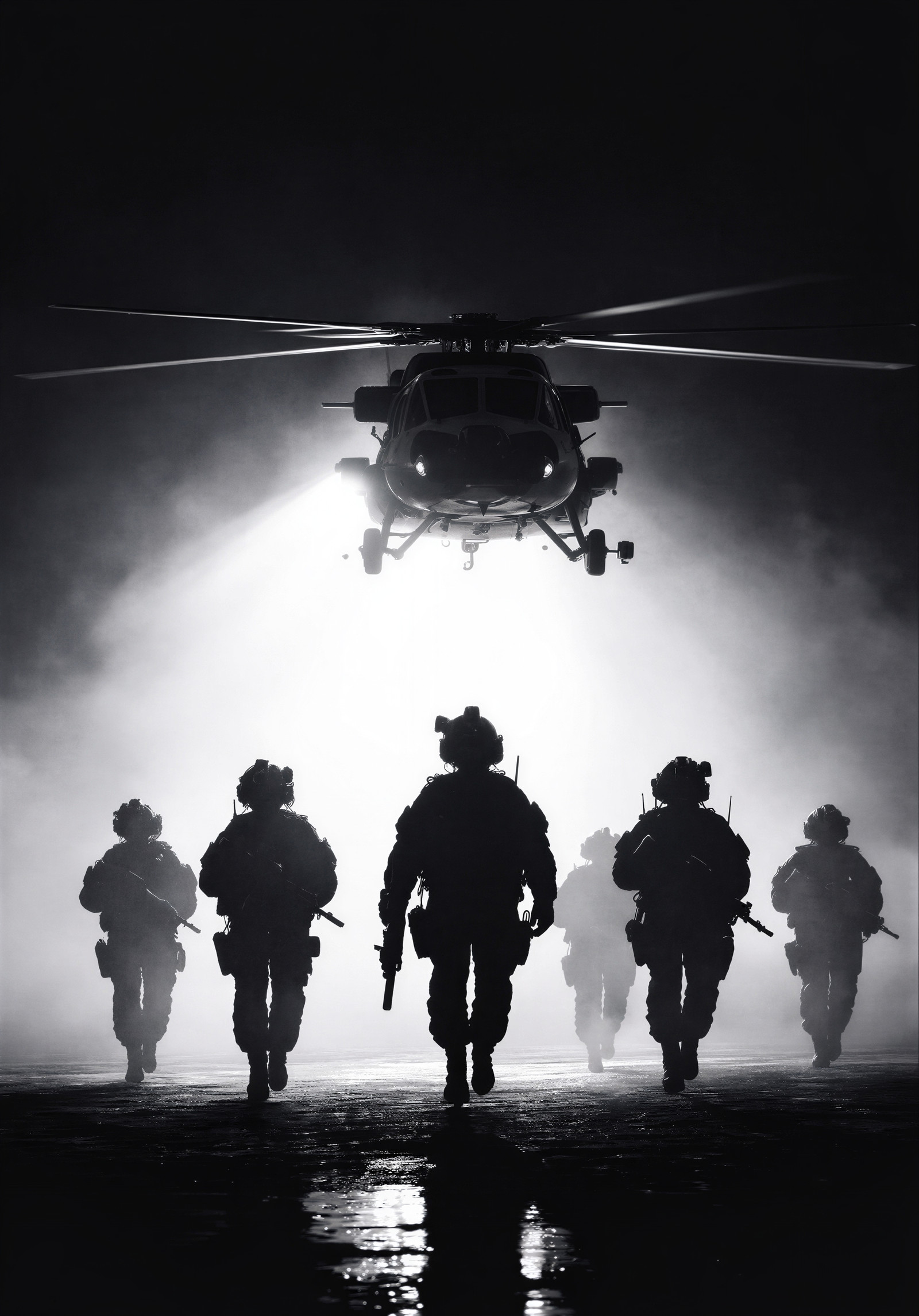 masterpiece, very aesthetic, best quality, score_9, score_8, score_7, highres, newest, A wide medium shot captures a group of five heavily equipped special operations soldiers moving as dark silhouettes across a flat, open ground at night. A large military helicopter hovers directly overhead in the center of the frame, its rotor blades splayed outward in a wide arc, backlit by a blinding white searchlight mounted on its underbelly that floods the entire scene with an intense, diffused glare. The soldiers are reduced to pure black silhouettes by the overwhelming backlight, their tactical helmets, night-vision devices, and weapon outlines barely distinguishable as individual forms within the haze. The atmosphere is thick with dense fog and rotor-wash dust, creating a swirling, luminous mist that scatters the searchlight into a wide, soft bloom. The background beyond the helicopter is a total void of deep charcoal darkness. The ground reflects a faint, cold sheen from the overhead light. The palette is a strict monochrome of near-black shadows, cool mid-gray mist, and a blown-out white central light source, with the entire scene permeated by soft-focus diffusion and atmospheric haze. neon_noir_synthwave