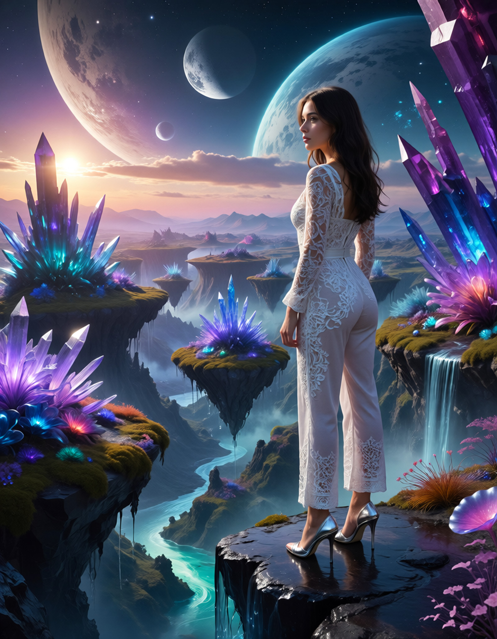 A beautiful young woman wearing an intricate white lace jumpsuit and silver stiletto heels stands on a crystalline cliff edge of an alien exoplanet, gazing in wonder at the surreal landscape before her. The sky features three moons of different sizes and colors, while bioluminescent flora emits an ethereal glow. The terrain is filled with floating islands covered in iridescent vegetation, towering crystal formations in vibrant purples and blues, and streams of liquid that defy gravity.