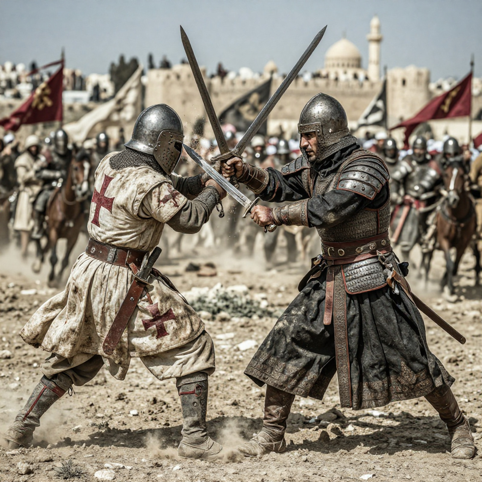 Ultra realistic cinematic medieval battle scene during the Crusades, near Damascus, Syria, late 12th century, broad daylight under a clear Mediterranean sky. Two warriors facing each other at the exact moment of impact in brutal close combat. On the left, a battle-worn Knights Templar warrior wearing a dirty and weathered white surcoat over chainmail, marked with a faded red Templar cross, steel great helm, leather belts, worn scabbard, dusty boots, realistic medieval equipment, signs of prolonged campaign. On the right, an elite Ayyubid warrior serving Saladin, wearing historically accurate Middle Eastern lamellar armor, dark embroidered robes, silk sash, leather boots, steel helmet with mail aventail, determined expression, realistic facial features, sun-weathered skin.

The Ayyubid warrior delivers a powerful strike with a curved Damascus steel scimitar. The Templar blocks the attack with a European arming sword. Sparks fly from the collision of steel against steel. Dust rises from the ground around their feet. Dynamic combat pose frozen at the decisive instant of contact.

Behind them stretches a vast medieval battlefield filled with hundreds of soldiers, cavalry charges, infantry formations, banners fluttering in the wind, crusader standards and Ayyubid banners visible in the distance. Damascus visible on the horizon with medieval walls, towers, domes and minarets. Dry terrain, rocky soil, sparse vegetation, warm sunlight, realistic atmospheric haze.

Historically accurate weapons, armor, clothing and equipment, authentic 12th century military details, realistic metallurgy, realistic fabric textures, battle damage, dirt, sweat, dust, subtle blood stains, highly detailed faces, realistic anatomy, natural proportions.

Epic cinematic composition, full body view of both warriors, feet visible, no cropped limbs, action frozen in motion, dramatic perspective, 35mm lens, f/4, deep depth of field, ultra detailed, photorealistic, HDR, natural color grading, realistic shadows, documentary war photography style, masterpiece, award-winning historical photography, extremely detailed, 8k quality.
