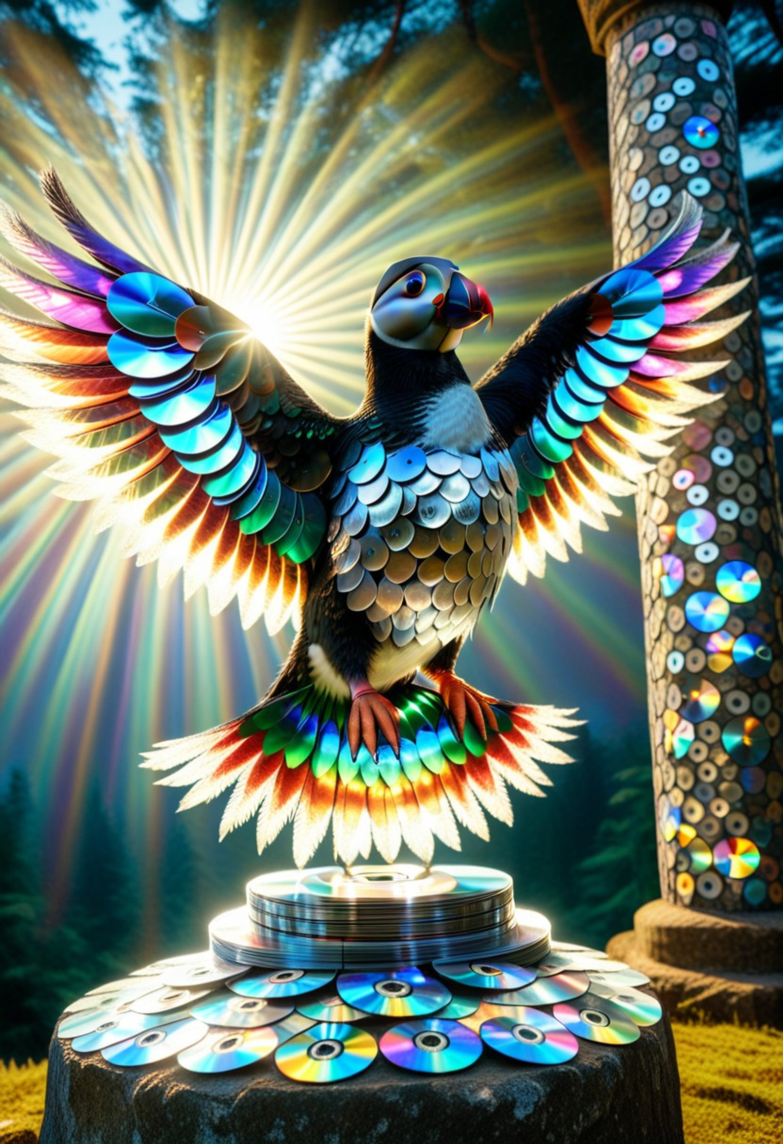 8k, Raw digital photo, a majestic puffin statue made of cd's, thousands of shiny silver CD discs forming layered feathers, iridescent rainbow refractions across the wings, geometric disc mosaic structure, perched on an ancient stone pillar, night forest, moonlight reflecting on the discs, prismatic light diffraction, glossy metallic reflections, retro-futuristic texture, hyperreal lighting, Full Colour, 80mm
