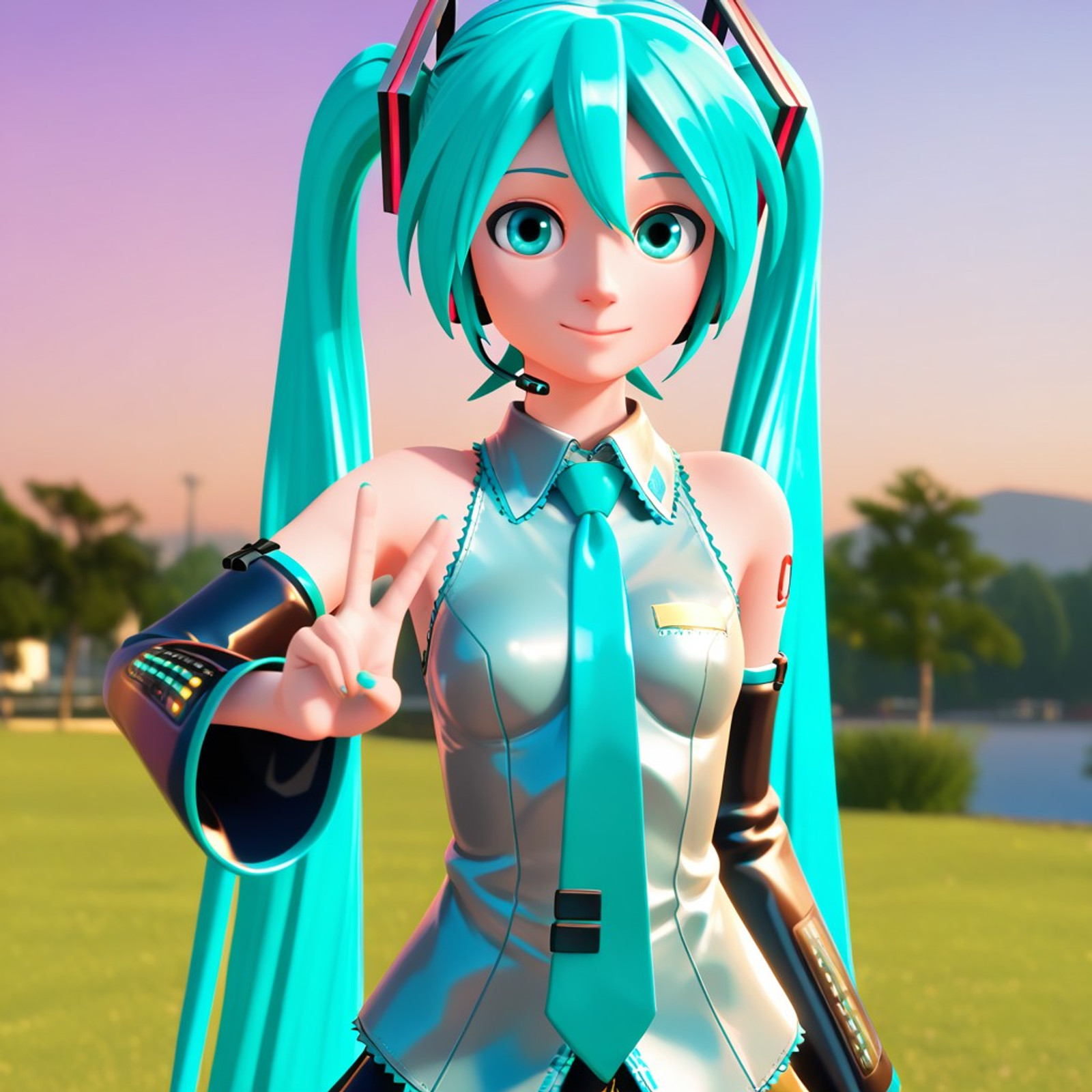 strangisa, ,3d, , 1girl, hatsune miku, twintails, v, outside