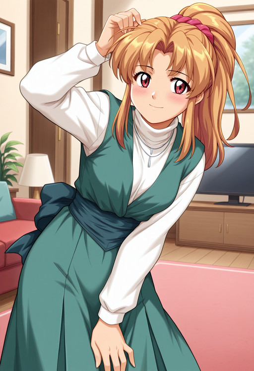 masterpiece, 1girl, solo, c-rina, orange hair, pink eyes, long hair, hair scrunchie, necklace, pinafore dress, green dress, white turtleneck, long sleeves, looking at viewer, indoors, looking at viewer, smile, blush, living room, blurry background,