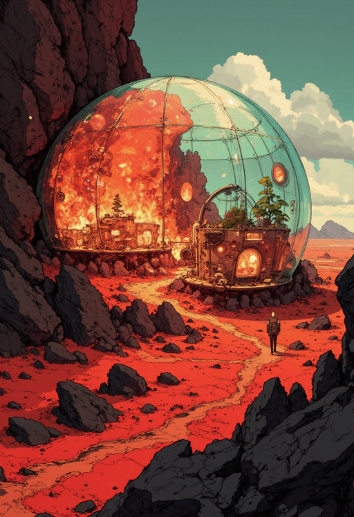 An extreme macro close-up of the surface of an experimental spherical greenhouse on Mars, focusing on intricate glass curvature, condensation patterns, and microfractures illuminated by internal bioluminescent agricultural systems. The scene is rendered with expressive John Berkey-inspired painterly brush strokes, combined with layered double exposure digital painting techniques that stack multiple exposure states of the same environment. Through the distorted glass, a stormy Martian landscape churns in red and sepia chaos, partially abstracted into flowing color fields. Inside the sphere, faint silhouettes of experimental plant structures pulse with soft energy, suggesting advanced bioengineering. Shot as if with a 100mm macro lens, extreme shallow focus, emphasizing texture, reflection, and refracted light. The atmosphere is tactile, scientific, and dreamlike, balancing fragile life support technology against planetary hostility.<lora:ck-shadow-circuit:0.84>