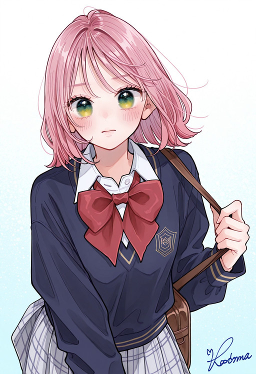 best quality, masterpiece, very aesthetic, highres, absurdres, kodama sena, 1girl, solo, bow, shirt, looking at viewer, blush, white shirt, signature, medium hair, red bow, collared shirt, yellow eyes, bowtie, pink hair, jacket, green eyes, red bowtie, bangs, bag, school uniform, standing, cowboy shot, skirt, (dynamic pose:1.8)