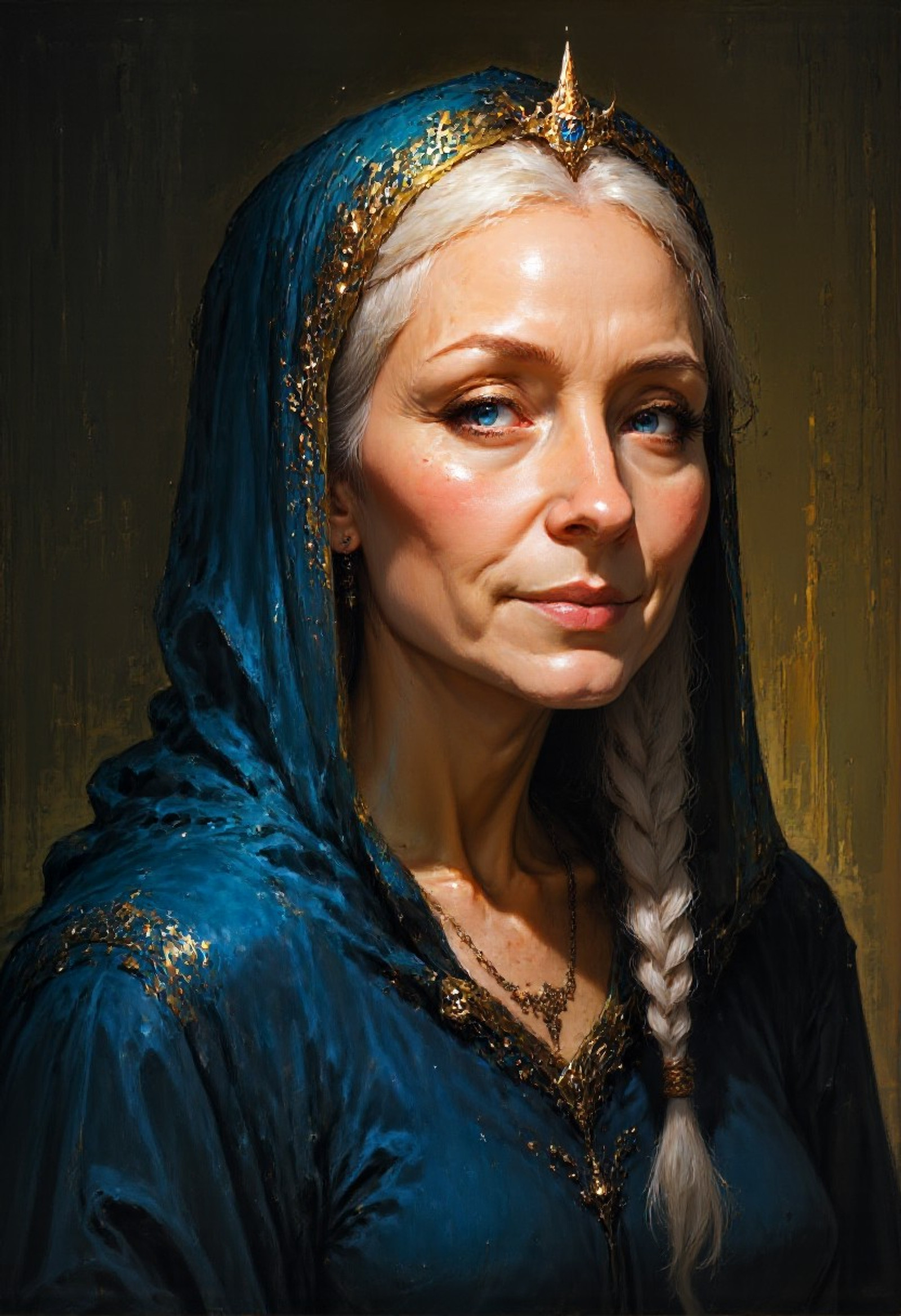 A fantasy oil painting portrait of an elderly woman with a kind yet wise expression. Her face is softly illuminated, revealing fine wrinkles that speak of age and experience, yet her eyes glimmer with warmth and quiet confidence. She wears a deep blue hooded robe, finely embroidered with gold thread along the edges, suggesting a role of quiet nobility or spiritual authority. A thin braid of silvery-gray hair falls over one shoulder, interwoven with small metallic clasps. A delicate golden symbol rests on her forehead, subtly catching the light. The brushwork is broad, emphasizing the contours of her aged skin and the folds of her robe. The background is softly blurred in muted green and brown tones, enhancing the subject s serene presence. The overall tone is warm, dignified, and contemplative, evoking a sense of timeless wisdom and gentle strength.