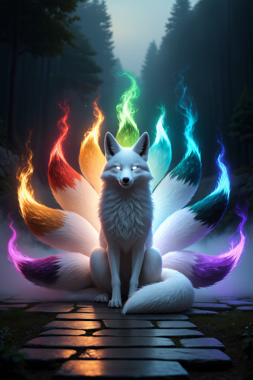 , masterpiece, best quality, highres, score_7, score_8, score_9, realistic, safe,
no humans, creature, original creature, furry,
(nine tailed fox:1.4), kitsune, fox spirit, white fur, ethereal shimmer,
(white glowing wise eyes:1.2), ancient gaze, sacred expression,
(nine tails each different elemental color:1.4), fire red tail, ice blue tail, forest green tail, storm purple tail, earth gold tail, ocean teal tail, shadow black tail, dawn pink tail, void silver tail,
elemental energy wisps from tail tips, colored energy drifting,
sitting serenely, full body, wide shot,
ancient stone crossroads, misty dusk, sacred ground,
(soft multicolored elemental glow:1.3), nine color radiance, dusk mist,
rim light, subsurface scattering on fur, ethereal glow,
detailed fur, realistic textures, sharp focus,
depth of field, volumetric mist, sacred otherworldly atmosphere.
A magnificent white nine tailed fox spirit sits serenely at a misty ancient crossroads, each of its nine tails burning with a different elemental color and trailing wisps of colored energy into the evening air.,