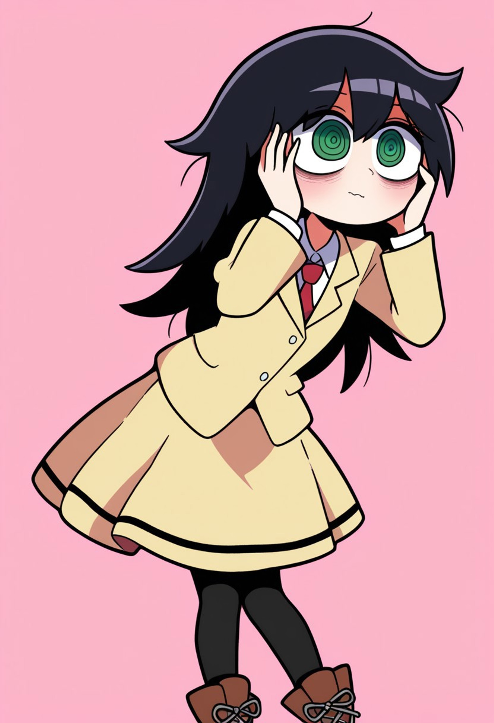 best quality, amazing quality, very aesthetic, absurdres, hands on head, drolling, imagination,
1girl,solo, 
Tomowata,black hair, green eyes,spiral eyes, no pupils, eye bag,Long hair, messyhair, unkempt strands over head and shoulders, shortstack,schoolunifrm,beige coat, long-sleeved coat,  red tie, white shirt, shirt under coat, beige skirt, flared skirt,black leggings, brown boots, lace up boots, leg warmer, 
,transparent background, simple colored background,