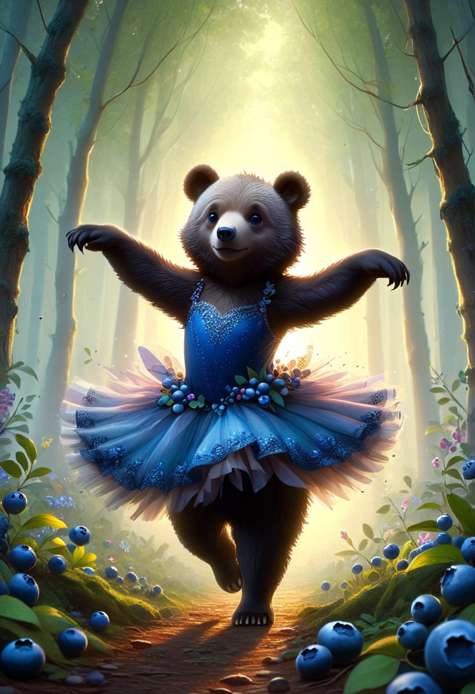 masterpiece, best quality, absurdres, ultra-detailed, 4k, rating_safe, score_9, score_8, aesthetic, BREAK
1bear:1.2, full body costume (ballerina tutu), blueberrym0rph
BREAK
(deep blue fur:1.2) (round berry-like snout, small black eyes), fluffy bear ears
BREAK
(tutu made of plump blueberries:1.4) (pointe shoes crafted from large berries), delicate berry vines as ribbons
BREAK
performing a graceful pirouette, (one leg lifted behind:1.2), paws elegantly posed
BREAK
enchanted forest clearing, (ground covered in moss and scattered blueberries:1.2), soft morning light filtering through leaves
BREAK
(aesthetic, whimsical atmosphere) (macro photography style:1.2), low angle shot focusing on the bear's form