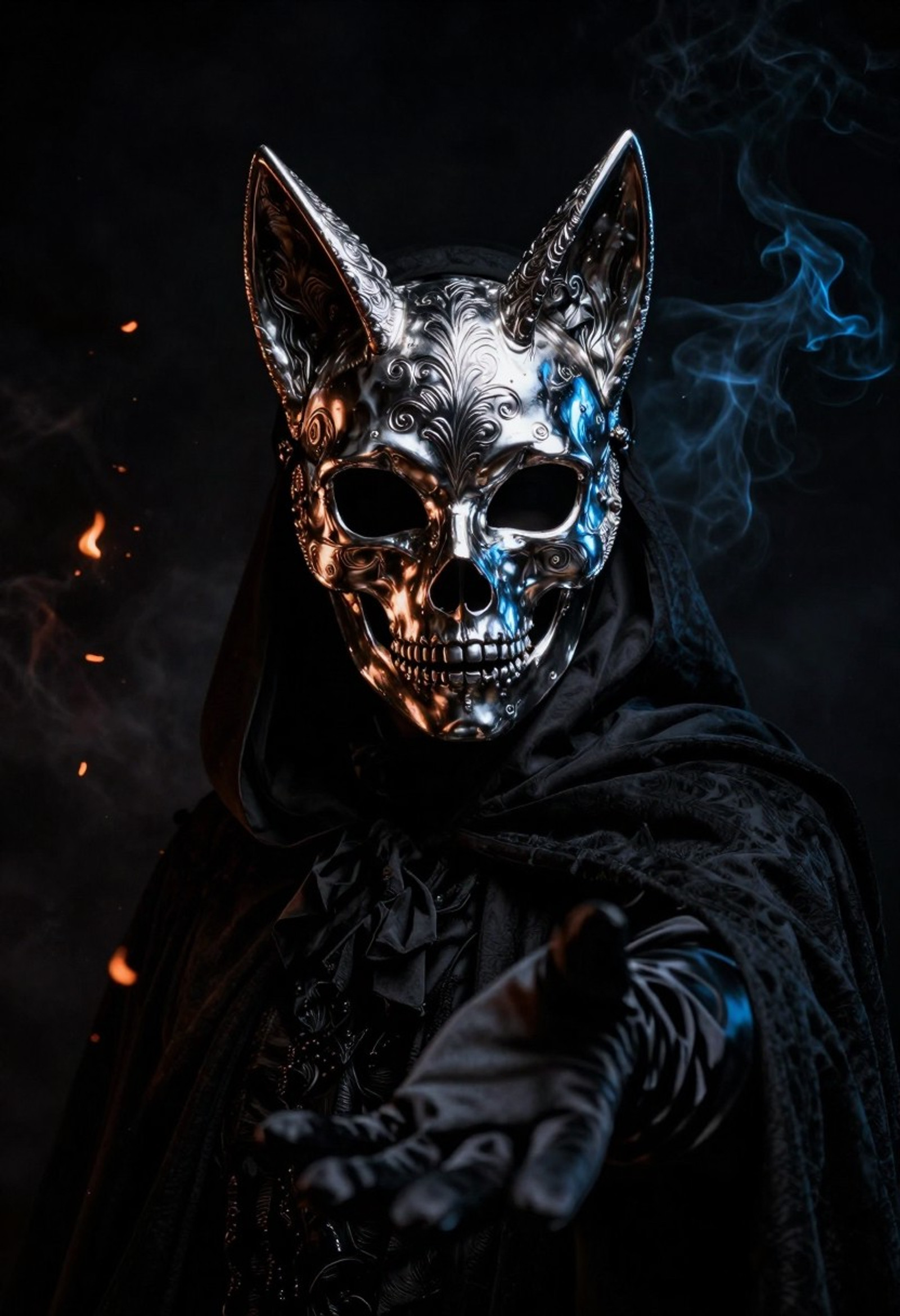 Smoky dark background with small embers of fire floating down.  In the center of the image is a person wearing a detailed silver skull mask.  Victorian style mask with intricate silver patterns and etching. The mask is highly detailed and only shows the eyes and nose portions of the skull.  It has curved points off the top that resemble fox ears. The silver is reflective with swirling patterns in the metal.  The mask smooth and shiny and looks like it is made from liquid silver.
The person is wearing an all black cloak and tight black mask beneath the silver one.  Strange eerie blue lighting comes from the upper right.
The figure is reaching a gloved hand toward the viewer.  The figure wears a black satin glove.  His hand is reaching toward the viewer to beckon them.