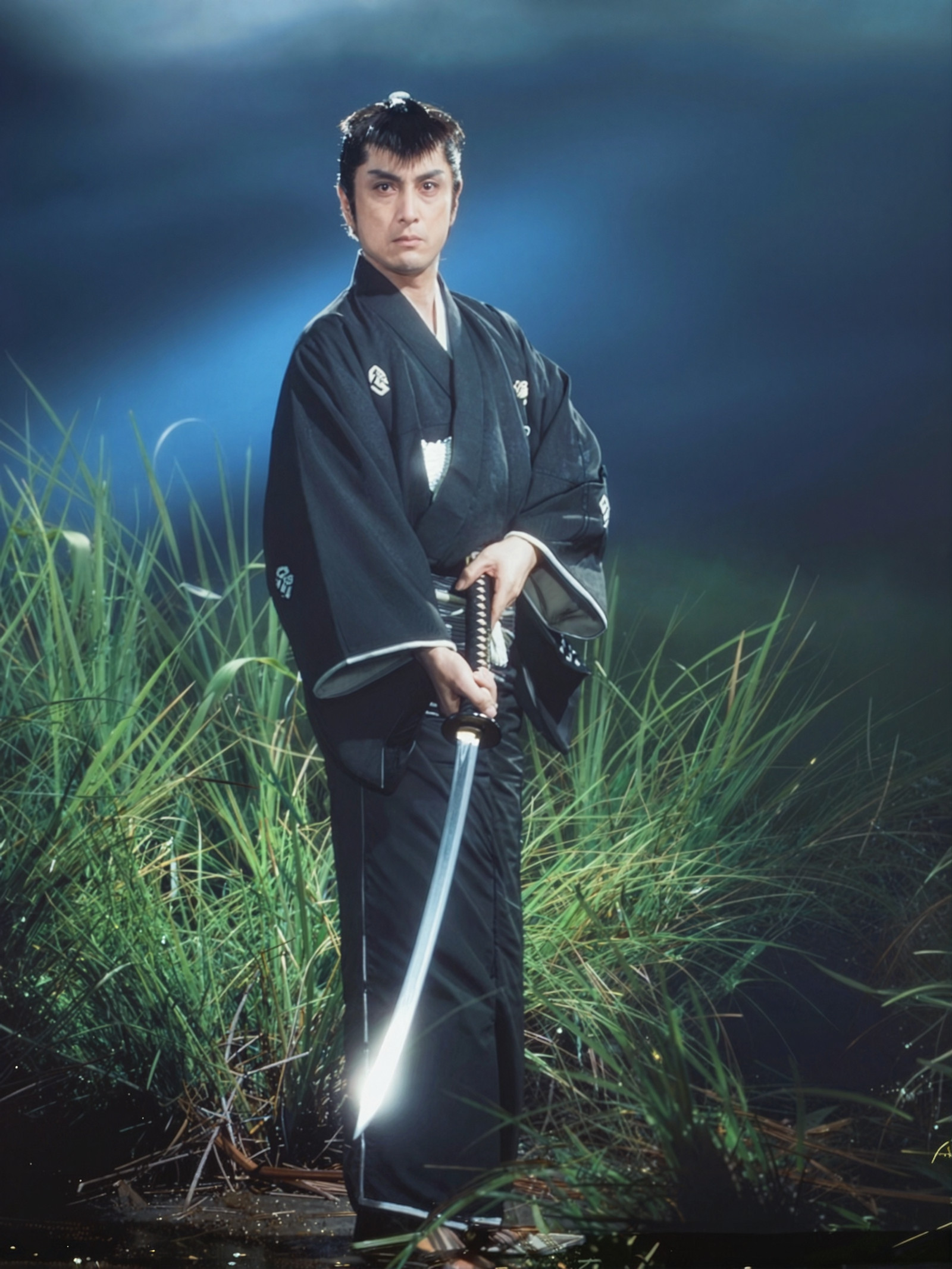 chonmage,A man stands in a field of tall green grass under a dark blue sky illuminated by a spotlight at his feet. He wears traditional black Japanese kimono with white trim around the collar and cuffs, holding a katana sword vertically across his body. The blade glows brightly where it reflects light, creating an aura that seems almost alive. His expression is serious and focused, looking straight ahead. A small emblem is visible on his left sleeve."