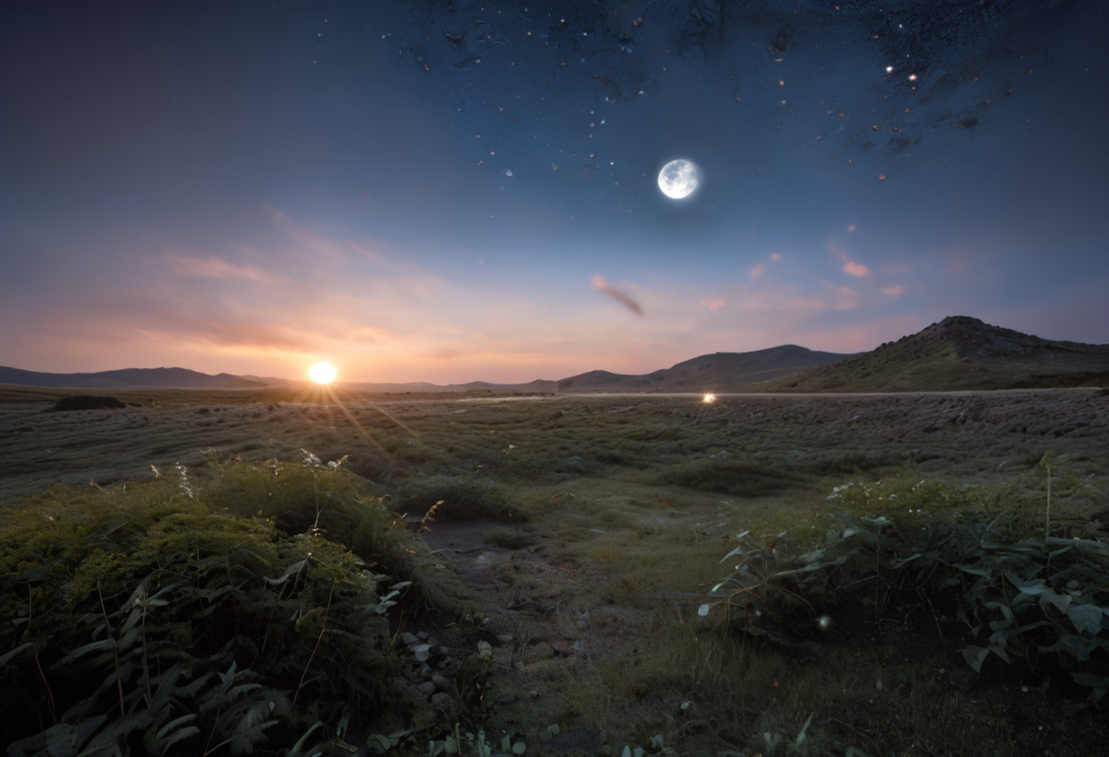 bronze dumpster fire, on a ruined landscape, masterpiece, best quality, outdoors, moon, star field, planets,