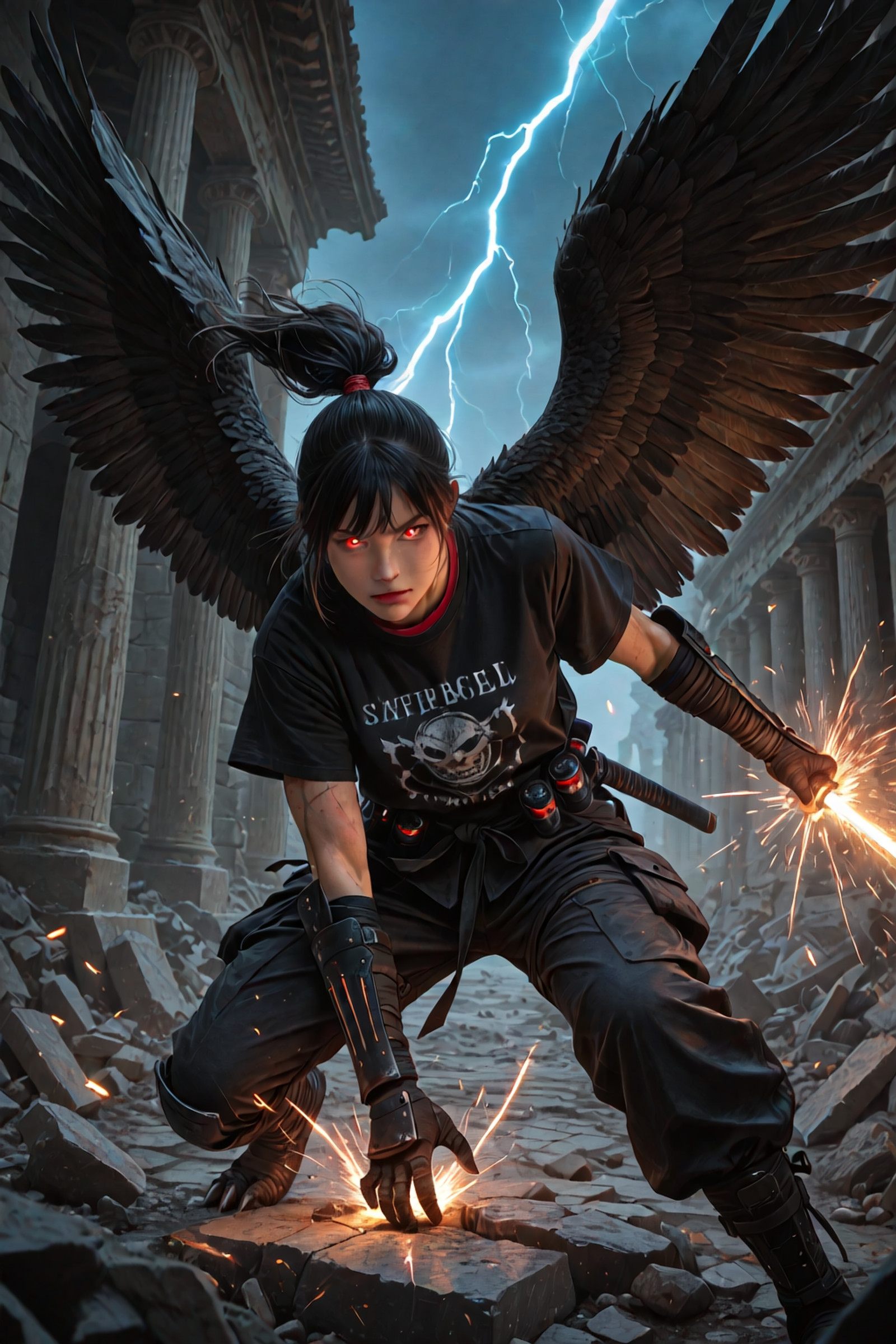 Look at Viewer
A cinematic realistic scene in 8K HD, [Harpy Greek humanoid torso, large feathered wings instead of arms, avian legs with talons, fierce combat clash between warriors], ancient ruined temple with crumbling stone pillars and flickering torchlight under stormy night sky,layered street goth, oversized black t-shirt, red undershirt, black cargo pants, street layering, armored ninja gear on muscular forms], chaotic environment with debris flying and energy sparks in air, intense glowing eyes locked in battle, powerful poses with motion blur on strikes, intricate scars and weapon details visible, high detail textures on skin, rubble, and metal, photorealistic rendering, epic composition with depth of field, volumetric lighting from lightning, sharp focus, ultra-detailed, no artifacts, masterpiece quality.