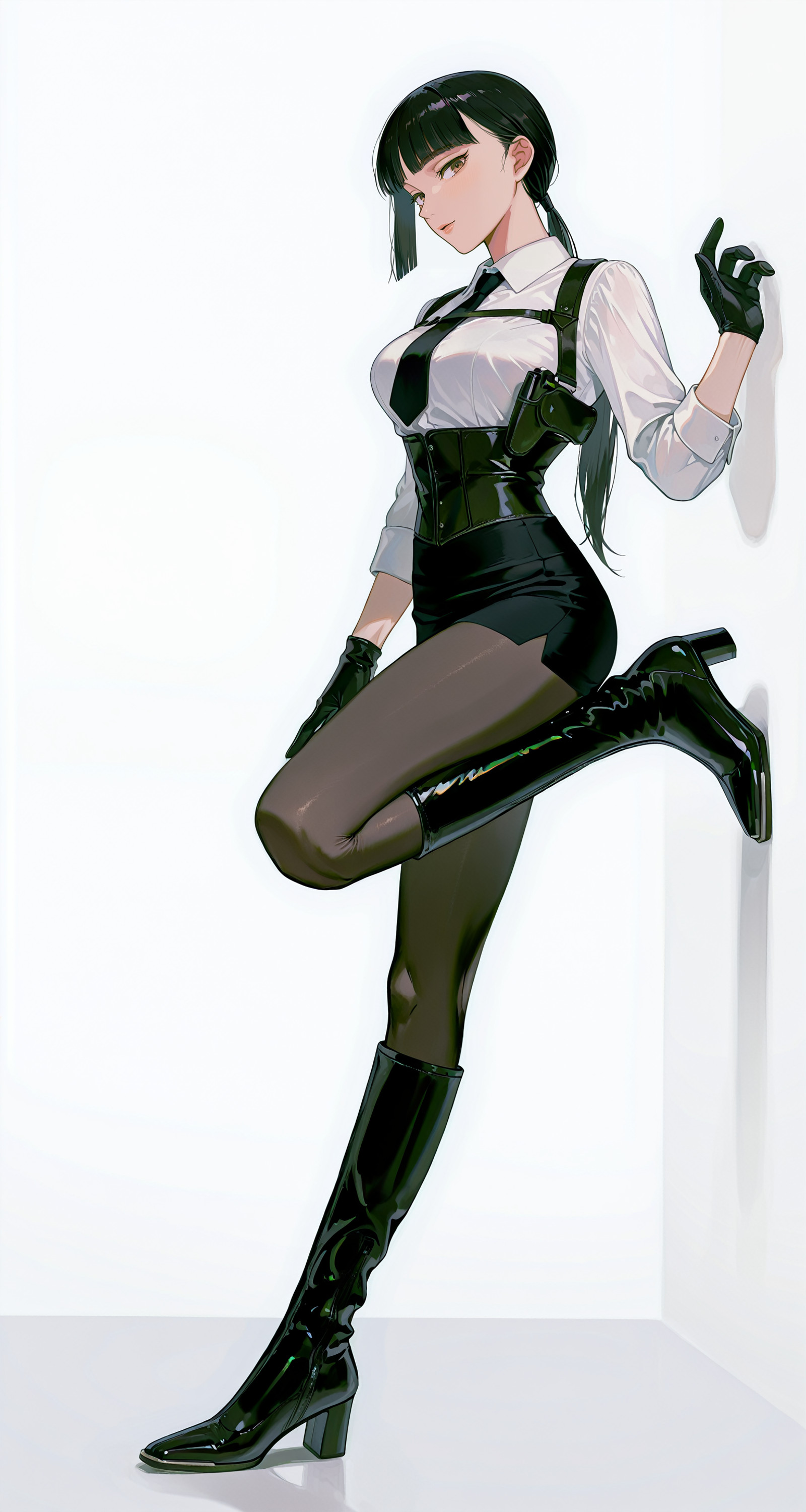 tonarino826,kdtb,full body,angled shot,1girl,solo,slender female,long legs,long hair,black hair,straight hair,blunt bangs,broad shoulders,curvy,boots,knee boots,black footwear,shiny footwear,looking at viewer,black skirt,miniskirt,pencil skirt,low ponytail,corset,underbust,white shirt,collared shirt,black glossy sheer pantyhose,masterpiece,best quality,amazing quality,newest,absurdres,<lora:Tonarino826_ILL:1>,<lora:KendollThighVerILL:1>,simple background,white background,narrow waist,necktie,black necktie,black leather gloves,shoulder holster,handgun,standing on one leg,leg up,sideways,sideways glance,
