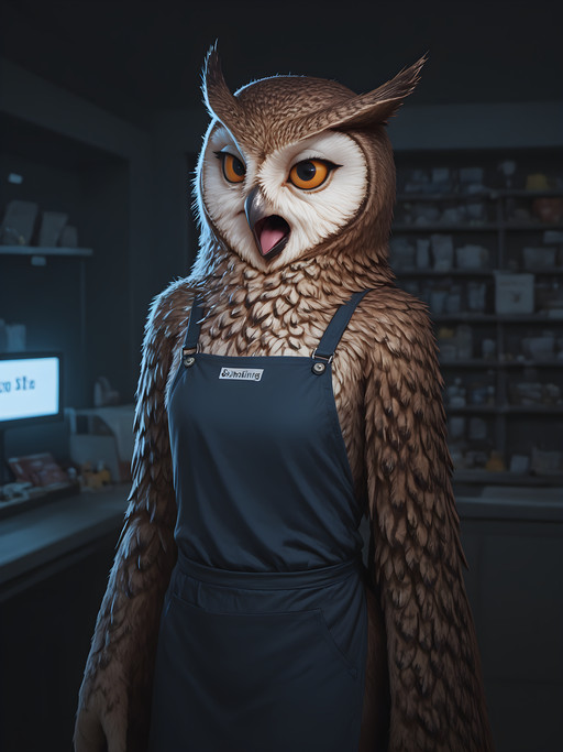 solo, anthro, owl, 
owl girl is yawning while working at night shop