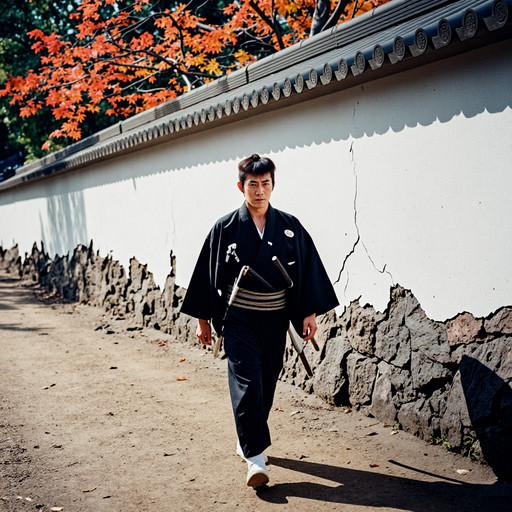 chonmage. A young and lean male samurai named Kyoshiro walks directly toward the camera on an unpaved, dirt-packed road in a scene reminiscent of a Japanese historical drama. He wears a formal black kimono of heavy-textured fabric, fastened by a colorful striped obi belt, with two katanas tucked into his waist. His expression is sharp and intense as he looks forward. To his side stands a weathered white clay wall with visible cracks and areas of peeling plaster, topped by a traditional wooden roof with dark ceramic tiles. Vibrant red and orange autumn leaves hang from branches above the wall. The lighting is soft and natural, rendered with low contrast to preserve detail in the shadows and highlights. The entire image features a prominent film grain texture, evoking the aesthetic of vintage celluloid film from the mid-20th century Edo-period cinema. <lora:p4j:1> <lora:mushiri:0.90>