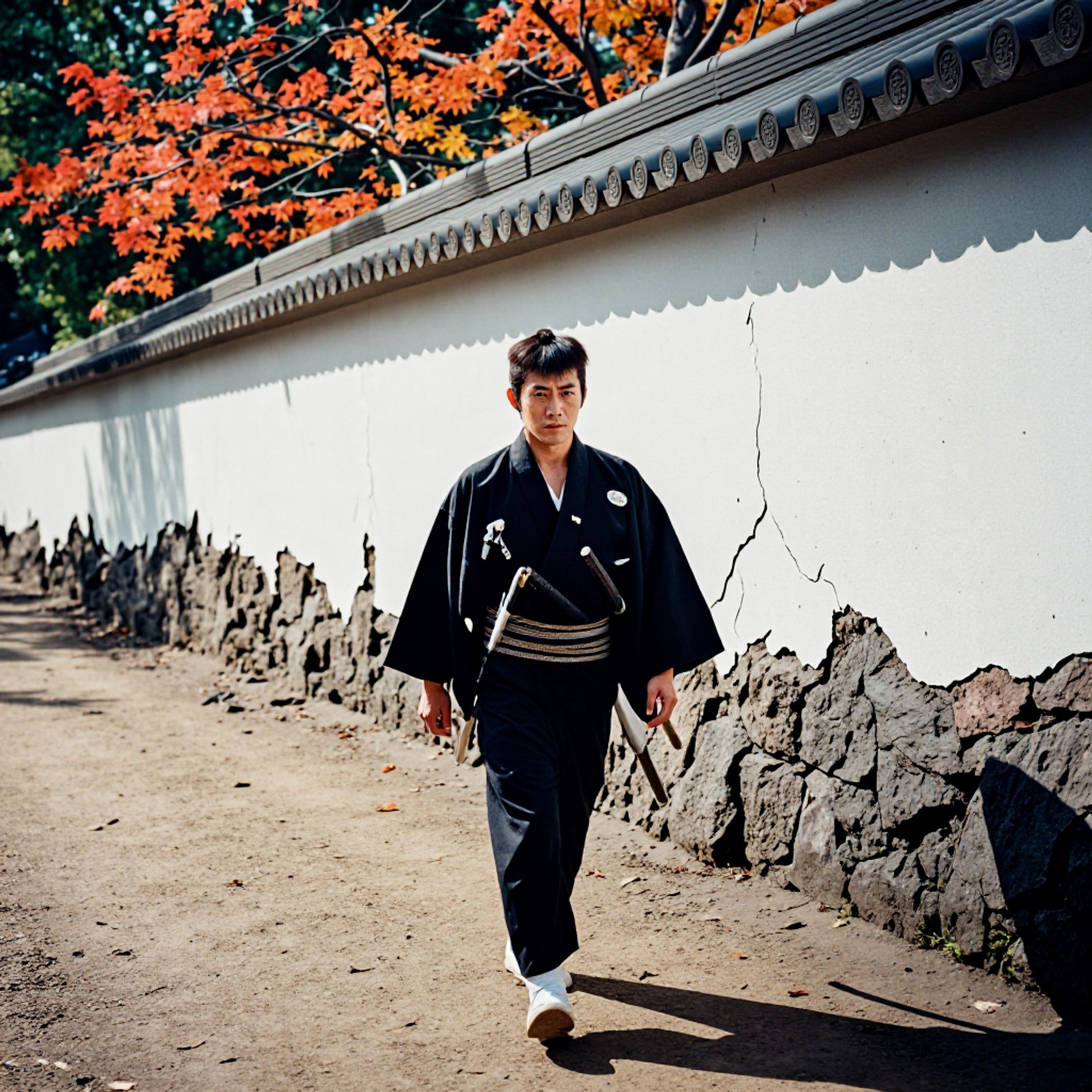 chonmage. A young and lean male samurai named Kyoshiro walks directly toward the camera on an unpaved, dirt-packed road in a scene reminiscent of a Japanese historical drama. He wears a formal black kimono of heavy-textured fabric, fastened by a colorful striped obi belt, with two katanas tucked into his waist. His expression is sharp and intense as he looks forward. To his side stands a weathered white clay wall with visible cracks and areas of peeling plaster, topped by a traditional wooden roof with dark ceramic tiles. Vibrant red and orange autumn leaves hang from branches above the wall. The lighting is soft and natural, rendered with low contrast to preserve detail in the shadows and highlights. The entire image features a prominent film grain texture, evoking the aesthetic of vintage celluloid film from the mid-20th century Edo-period cinema. <lora:p4j:1> <lora:mushiri:0.90>